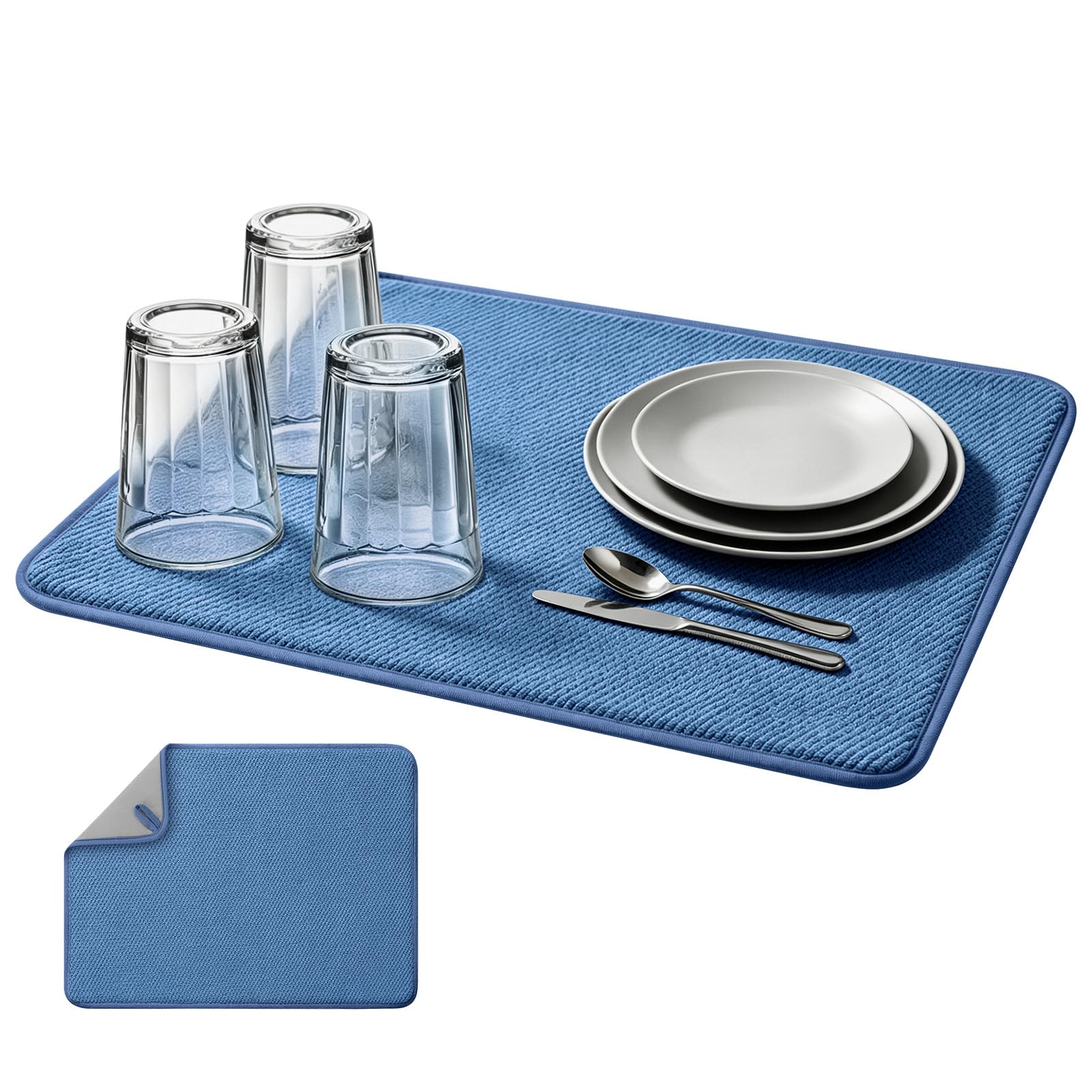 Paquete de 2 tapetes de microfibra para secar platos, almohadilla absorbente de secado rápido para encimera de cocina, antideslizante, reversible, acolchada, con lazo para colgar (azul (estilo A), 45