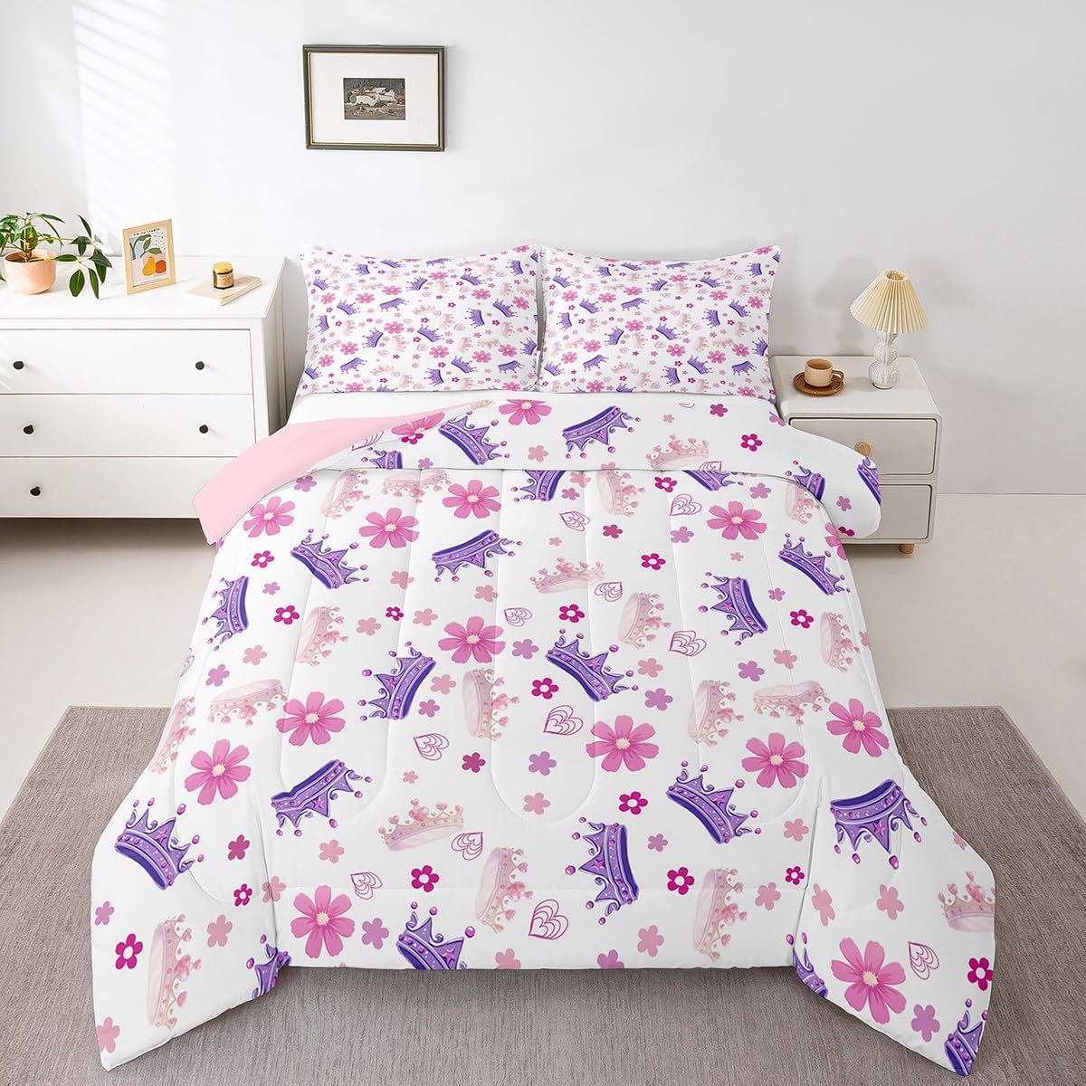 Manfei Princess Comforter Set Queen Size, Pink Purple Crown Print Bedding Set 3pcs, Cute Flower Girly Cartoon Down Comforter All Season, Kids Girls Room Decor, Soft and Breathbale, 2 Pillowcases