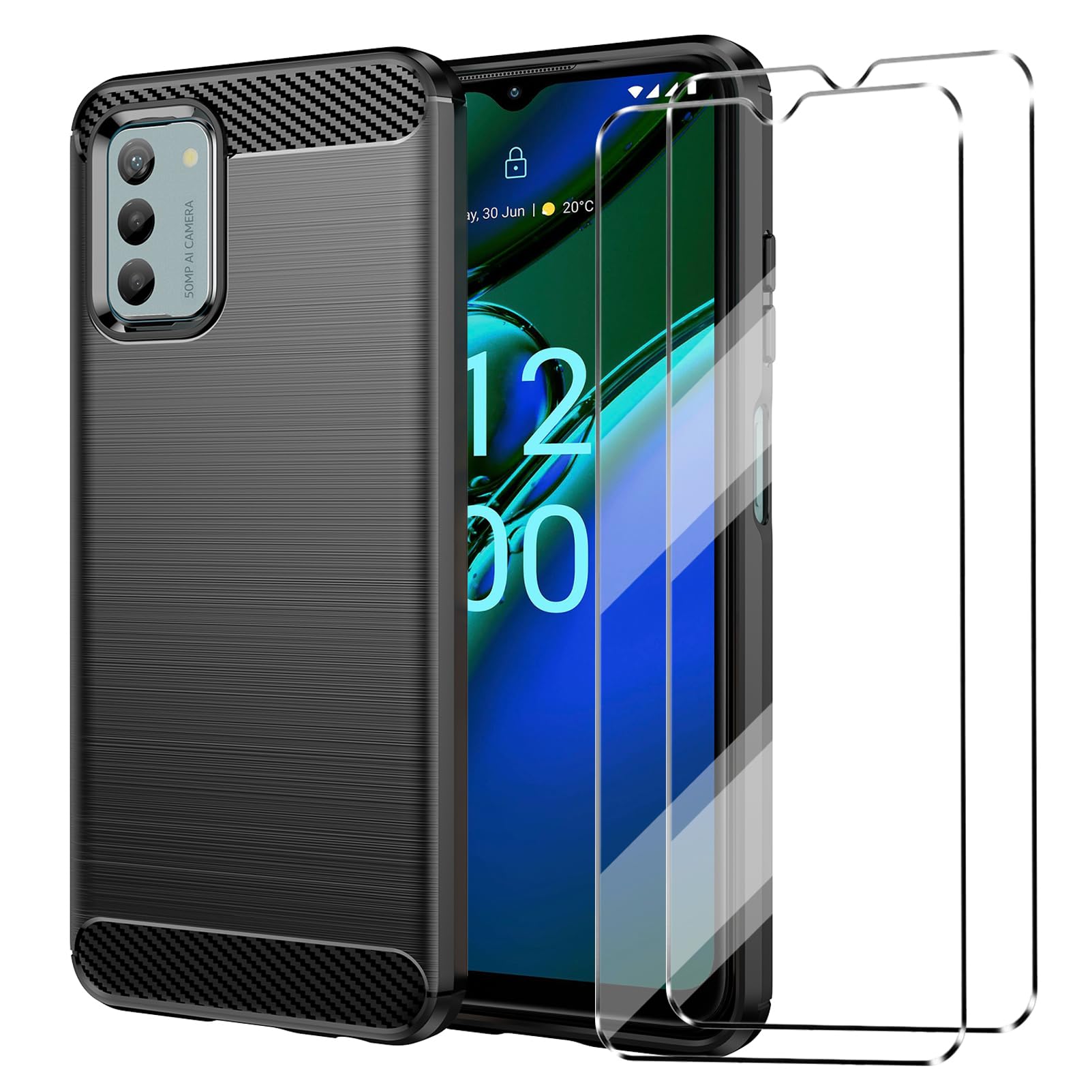 SCL Hülle Für Nokia G42 5G Mit Panzerglas, Carbon-Design, 2-teilig - Stoßfest, Rutschfest, 9H Härte