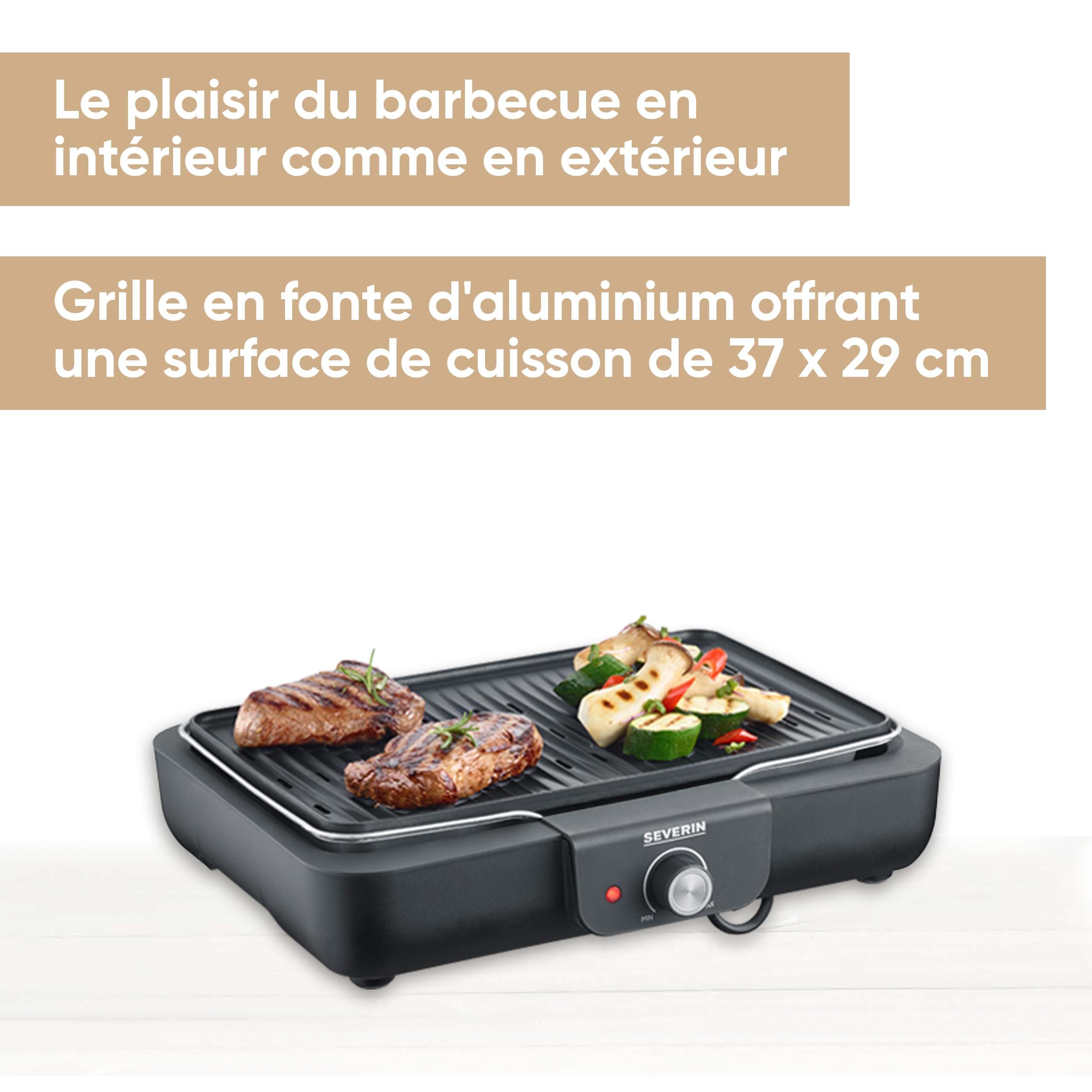 SEVERIN Barbecue électrique 2 200 W avec grille amovible en fonte d'aluminium, Barbecue de table avec bouton rotatif, eBBQ avec bac à eau pour utilisation en intérieur et extérieur, Noir, PG 8556