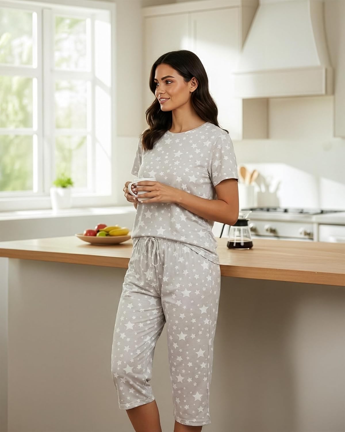 Real Essentials 2 Pack: Womens Pajamas Short Sleeve Sleepwear Tops and Capri Pants Pjs Print Pajama Sets (Available In Plus)