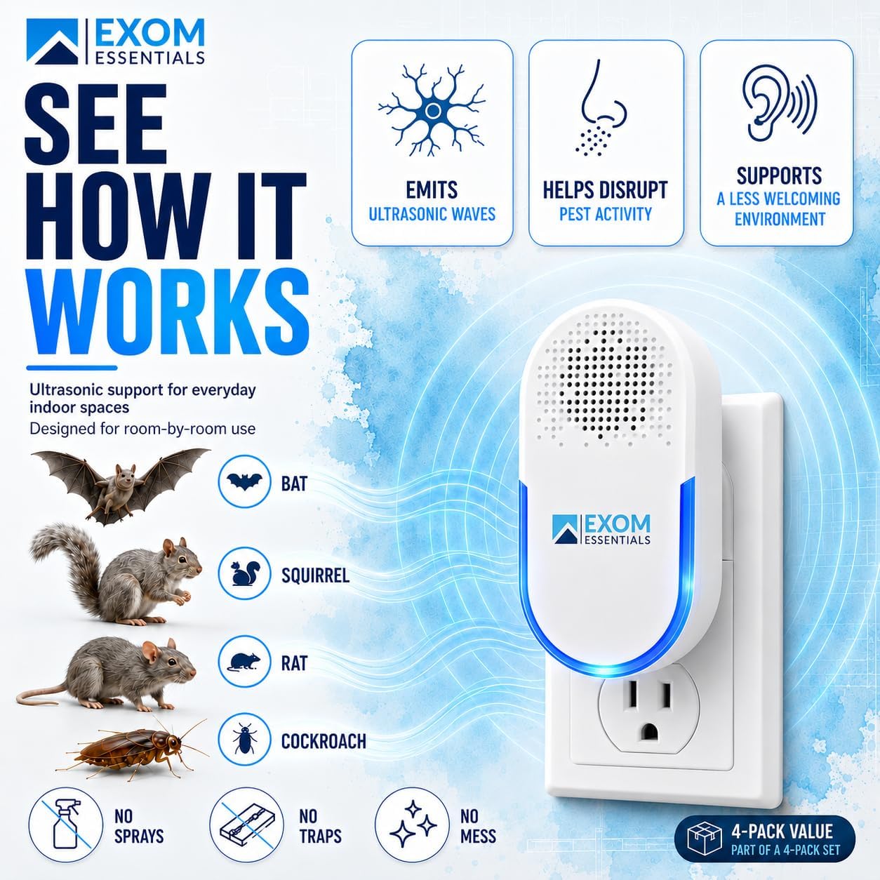 QUA-D30, Pest Repeller Wall Plug-in Most Effective Than Repellents - Get Rid of - Rodents, Squirrels, Mice, Rats, Bats, Roaches, Ants, Spiders, Bed Bugs, Мosquito, Insects, Fleas (4 Pack)