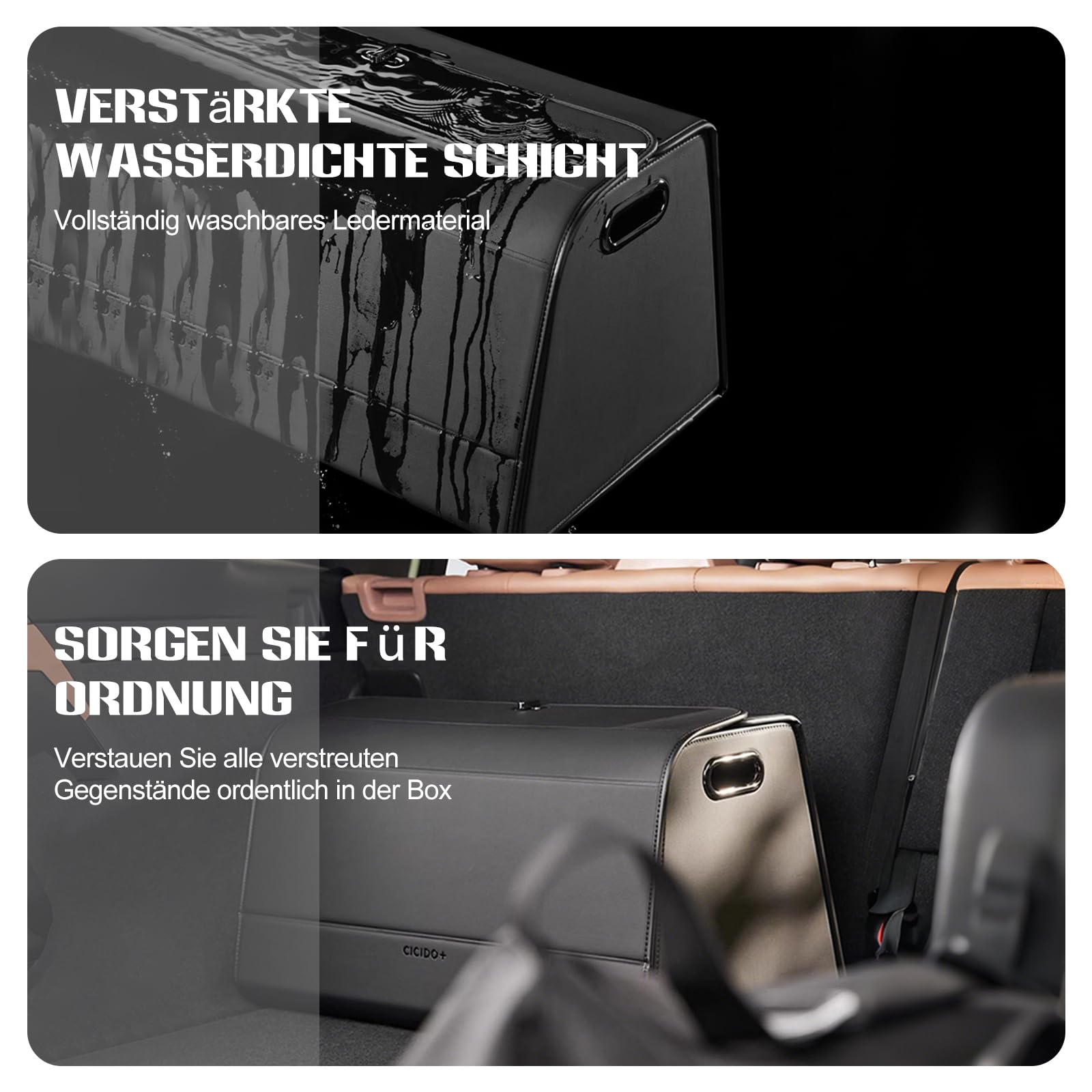 Ergocar Kofferraum Organizer, PU-Leder Autotasche Auto Kofferraum Box mit Deckel, Zusammenklappbarer Aufbewahrungsbox mit Fächern, Wasserfeste Langlebig, Rutschfester Boden, 180° Öffnung