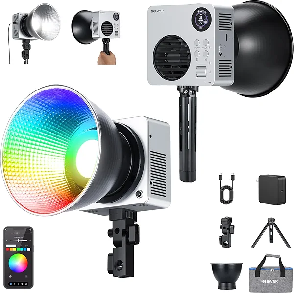 NEEWER 80W RGBWW LED Video Light with 72Wh Battery, 100W PD Fast Charger, APP/2.4G Control, 10400lux/m 2500K-7500K, Mini RGB Bowens Mount Studio Photography Recording Continuous Output Lighting, HB80C