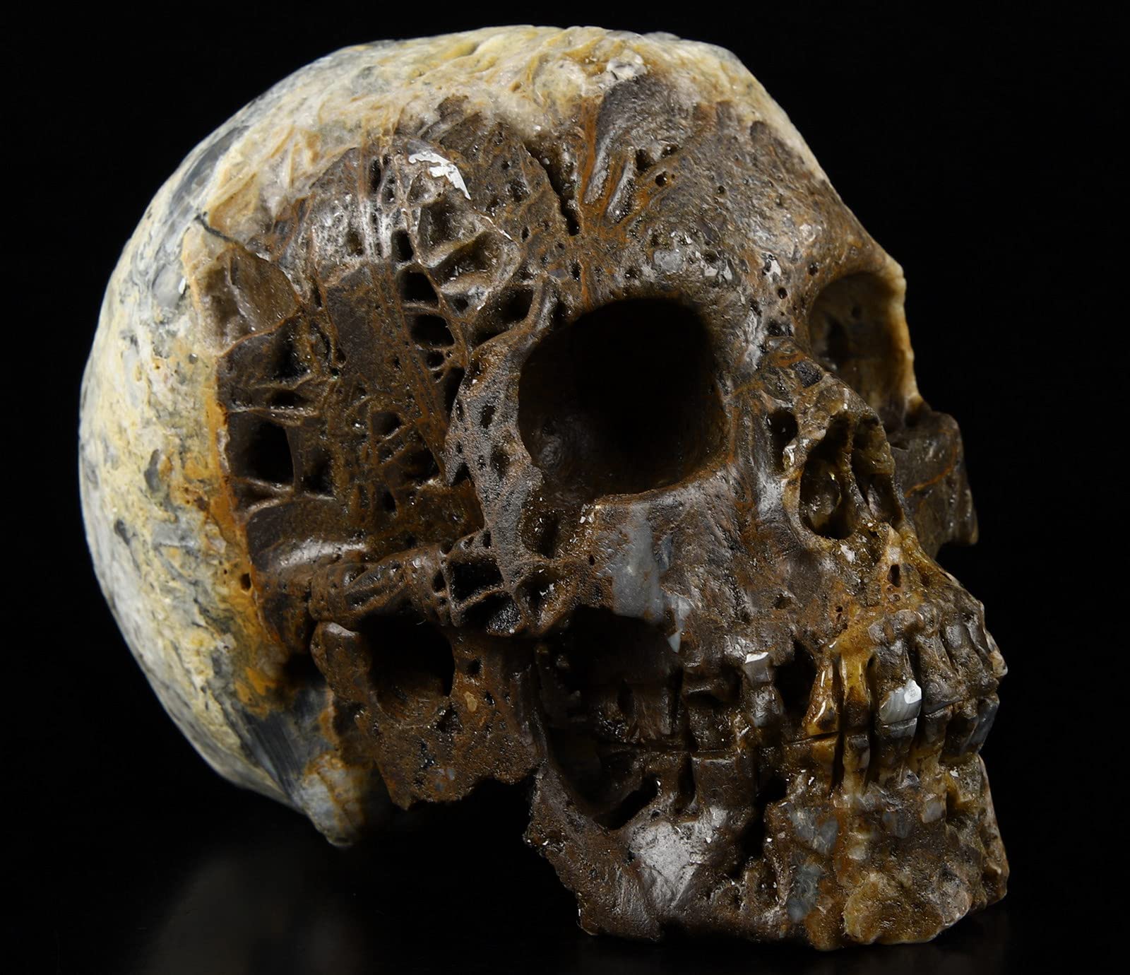 Skullis 5.0" Geode Fluorite Crystal Skull, Hand Carved Gemstone Fine Art Sculpture, Reiki Healing Stone Statue.1720