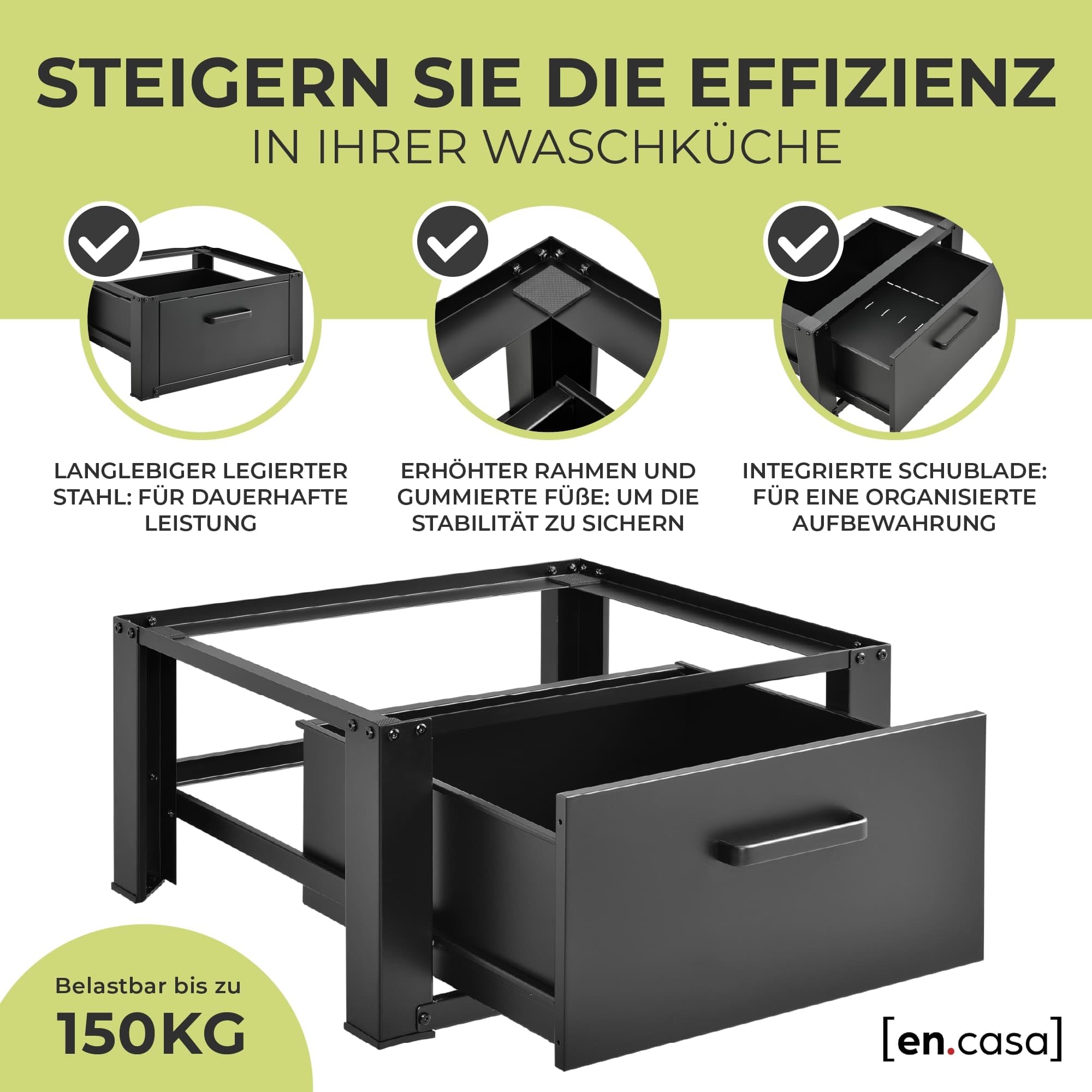 [en.casa] Waschmaschinen Untergestell Comfortixx mit Schublade Waschmaschinen-Unterschrank 63 x 54 x 31 cm Podest bis 150 kg gummierte Füße Stahl Schwarz