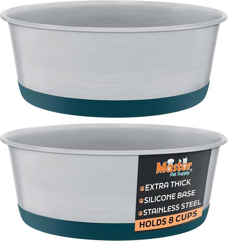 Tigelas para cães em aço inoxidável com base de silicone antiderrapante Master Pet Supply, 1,89 L, Emerald Sea, Pacote com 2
