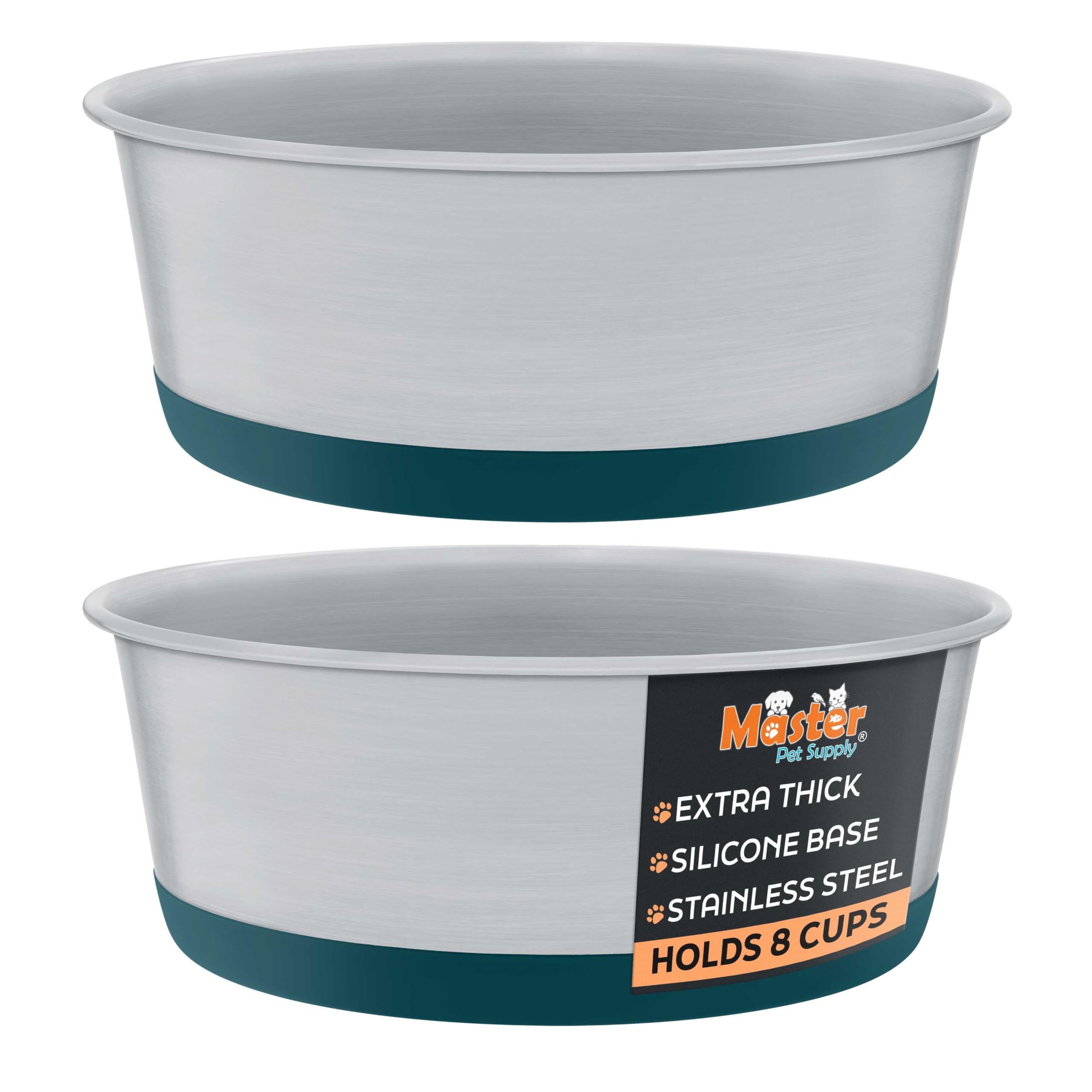 Master Pet Supply Stainless Steel Dog Bowls Set of 2 with Extra Thick Silicone Base - 8 Cup (64 oz) Emerald Sea, Non-Slip, Dishwasher Safe Metal Bowls, Pet Dog Food Bowl for Dogs, Cats, Anti Rust