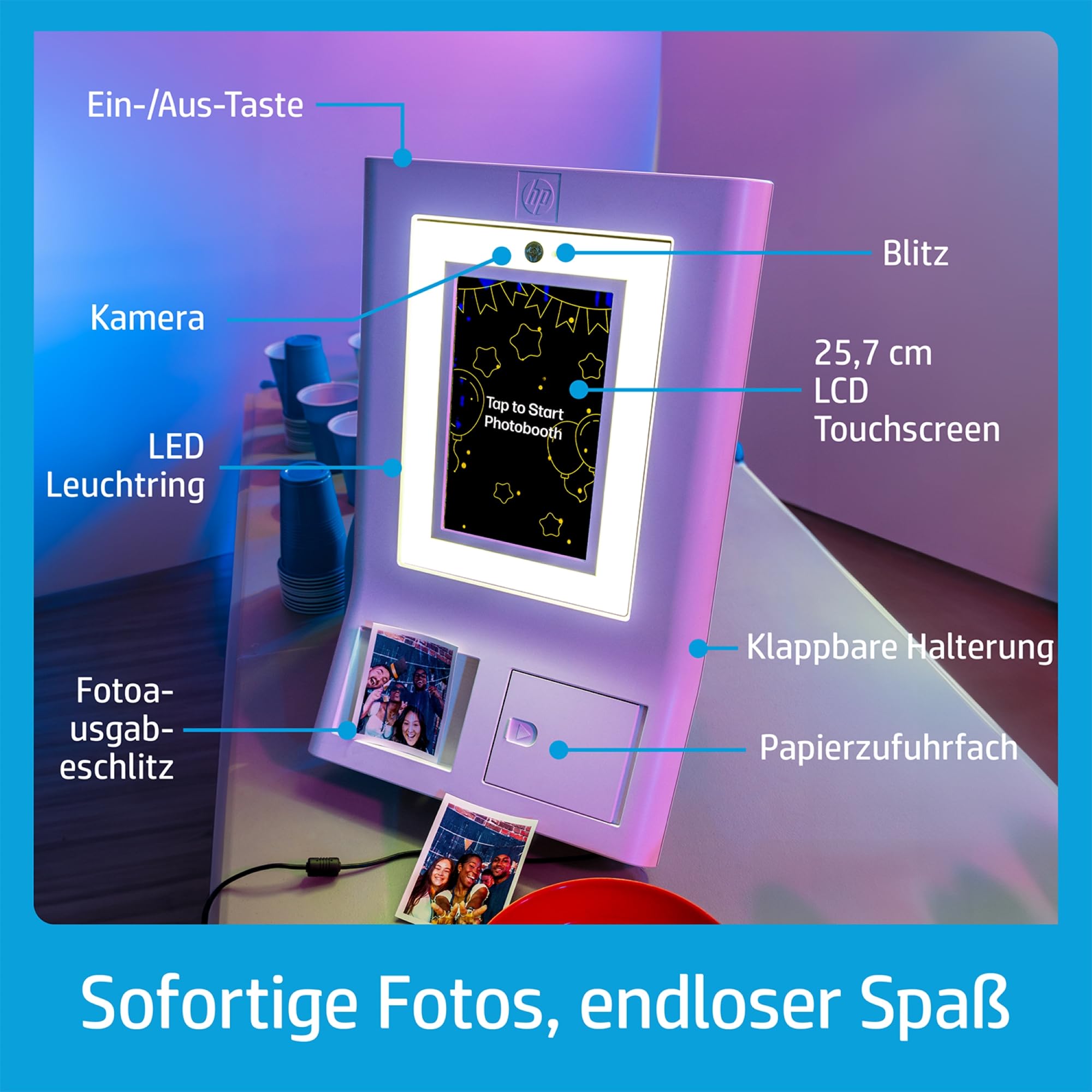 HP Sprocket Photo Booth Sofortbild-Farbfotodrucker, 10,1" (25,6 cm) Touchscreen, Ringlicht, individuelle Rahmen, 3 x 4 (7,6 x 10,1 cm) Zink-Fotopapier, Weiß.