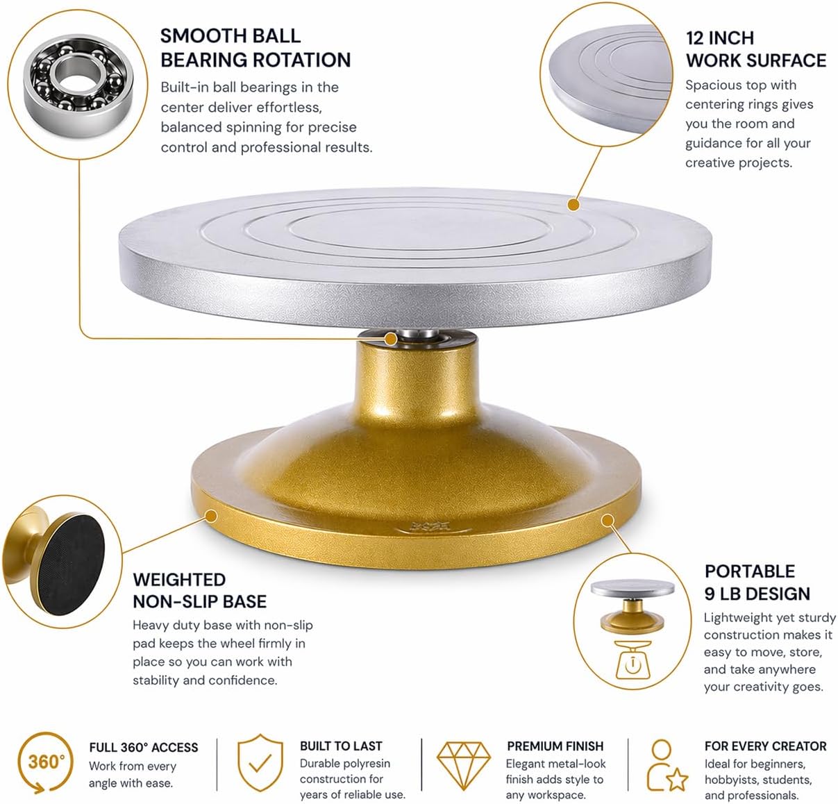 Venmark - Sculpting Wheel 12 Inch Banding Wheel for Pottery & Ceramics, Rotating Turntable with Ball Bearings, Non-Slip Base, Sculpting Tool Kit Included