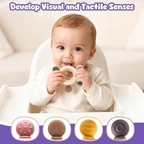 Miniatura 4 de Paquete de 2 juguetes de dentición para bebés de 0 a 6 a 12 meses, manoplas de dentición de silicona de grado alimenticio y timón de silicona con