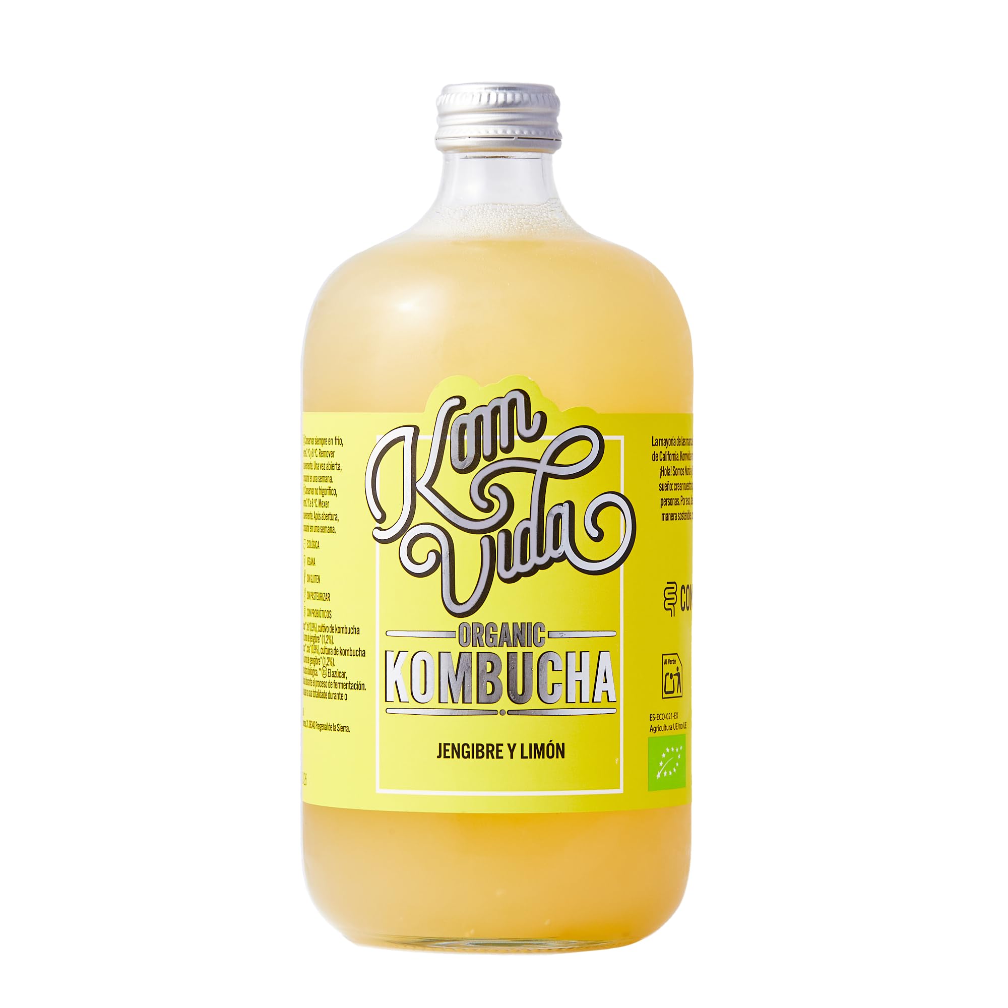 Komvida Kombucha Pack 6x750ml - Bebida Ecológica de Té fermentado, Probióticos Naturales, Sin Azúcares Añadidos - Sabor Limón con jengibre
