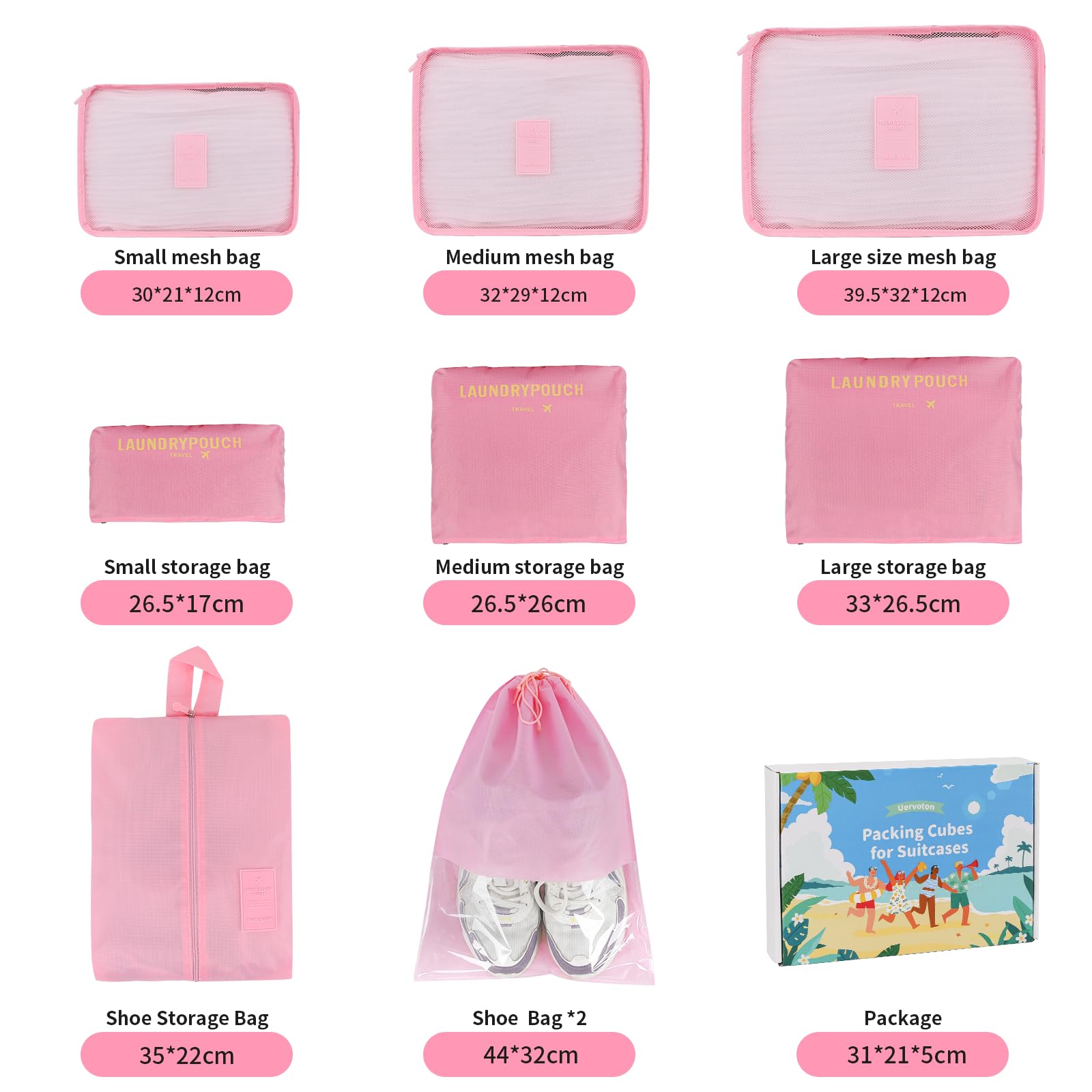 Cubi di imballaggio per Valigia - 9 PCS Cubi di Imballaggio da Viaggio Set di Borse Organizer per Valigie Leggere Organizzatori di Bagagli per Accessori da Viaggio con Borse per Scarpe - Rosa