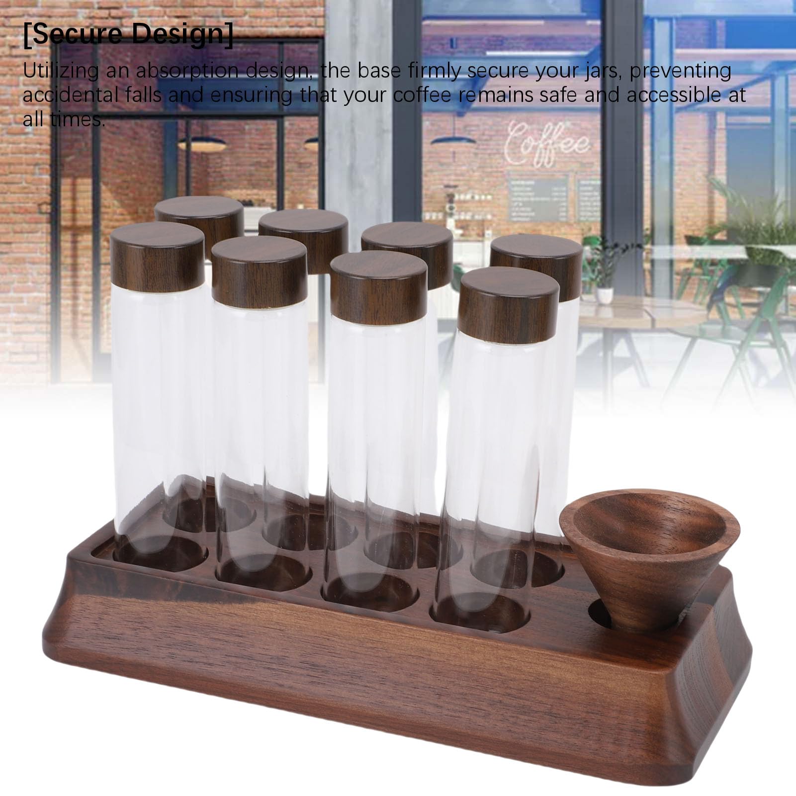 Acouto Kaffeebohnen-Aufbewahrungsröhren mit Ständer aus Walnussholz – luftdicht. 8 Stück Glas-Dosierbehälter für Kaffeebohnen-Aufbewahrungsröhren, Glas-Kaffeebohnenbehälter, Luftdichte Behälter mit
