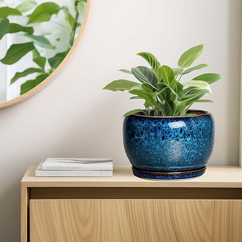 Miniatura 8 de SQOWL Maceta de cerámica de 10 pulgadas con orificio de drenaje y platillo, maceta decorativa para plantas de interior y exterior, maceta redonda