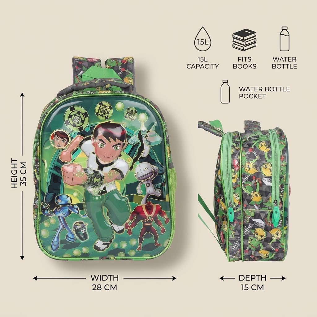 Stylbase 2 Compartments 3D School Bag for Boys and Girls Cartoon Printed Waterproof Backpack Bag Ideal for Small Kids Bag UKG Nursery 1st Class 5-7 Years 14 Inches, 20 liters, Green 1