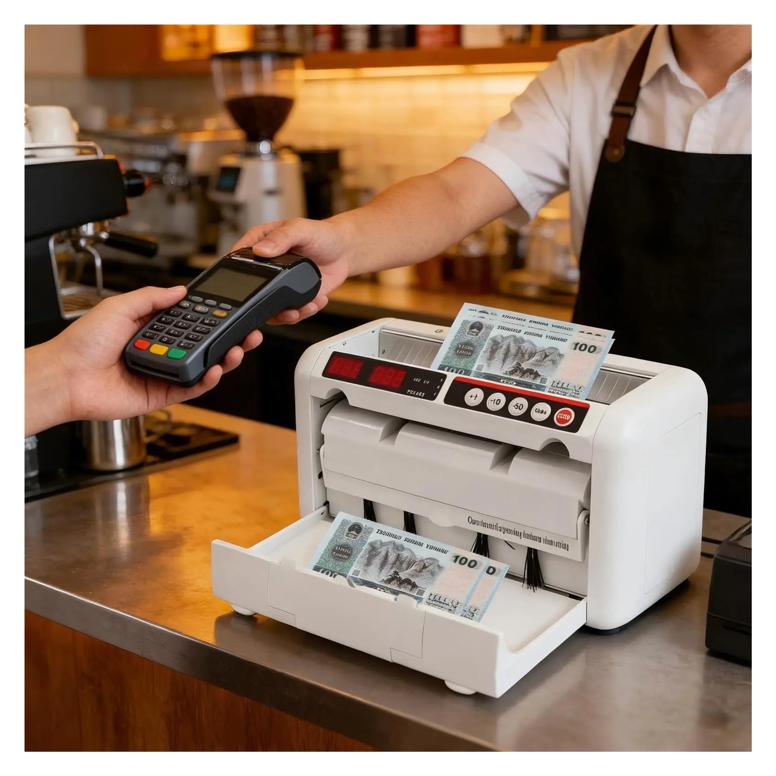 Contatore di denaro, Contasoldi bianco a batteria da 25 W, 800 banconote/min for banche e finanza