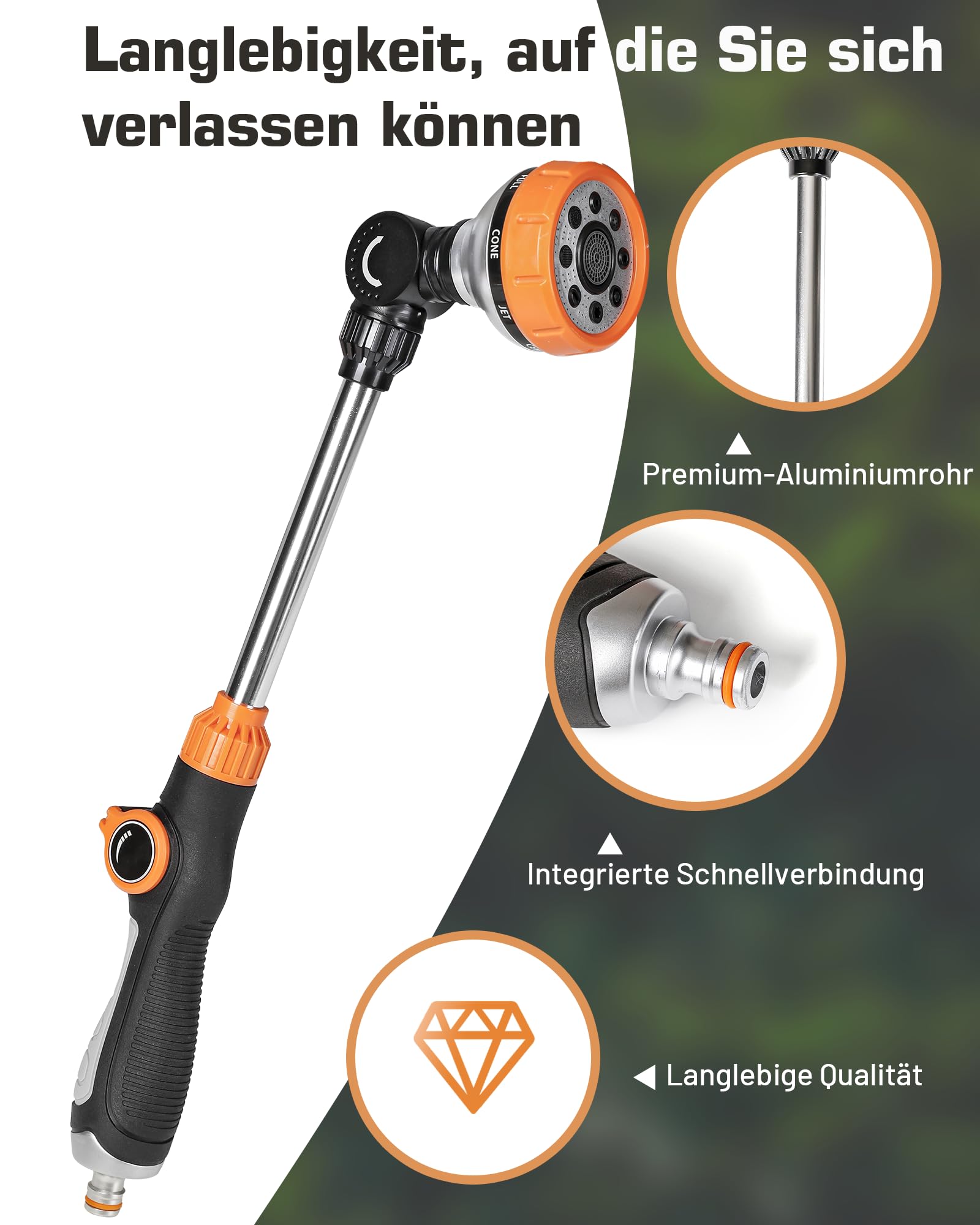 Unistyle Varilla de riego, robusta ducha de jardín, 8 tipos de chorro, barra de riego con control de pulgar, ducha de mano para riego y limpieza de jardín, varita mágica para cestas colgantes y