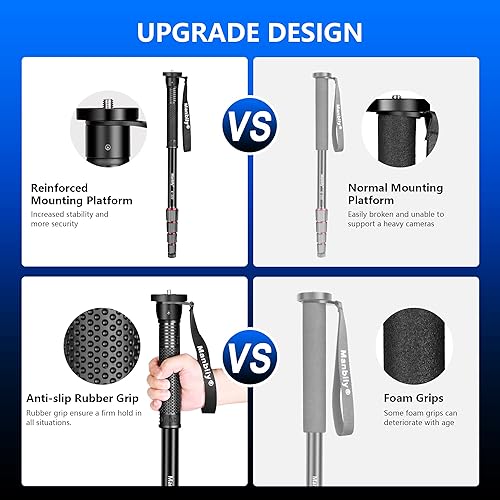 Miniatura 2 de Manbily Monopod de cámara de 65 pulgadas, monopie de viaje de aluminio de 5 secciones para cámaras réflex digitales Canon, Nikon, Sony, videocámara,
