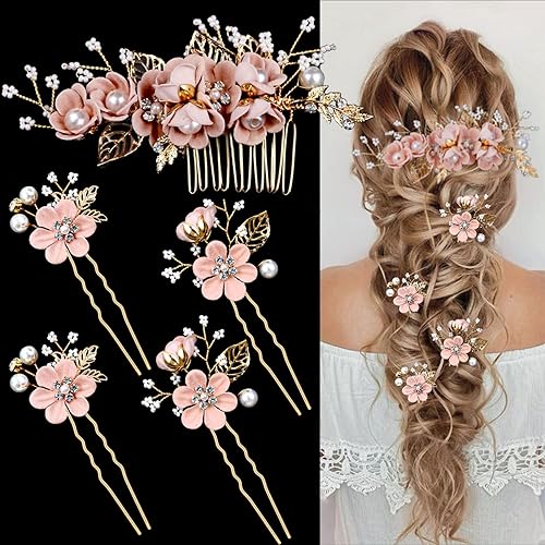 5 horquillas para el cabello de boda con flores de cristal, perlas de cristal, accesorios para el cabello, joyería con diamantes de imitación para