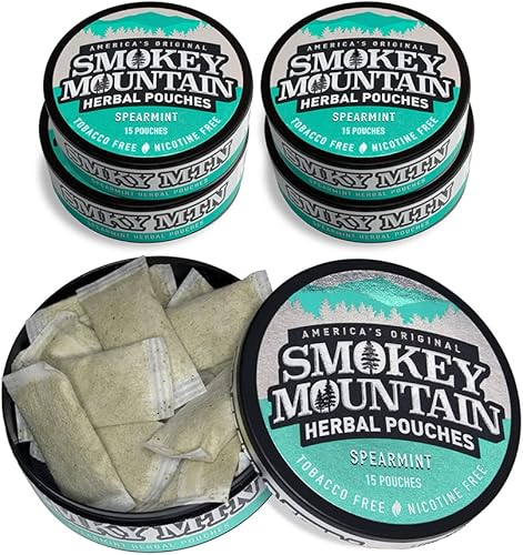 Smokey Mountain Bolsas con cafeína, menta verde, sin tabaco y sin nicotina, caja de 5 latas, 15 bolsas por lata