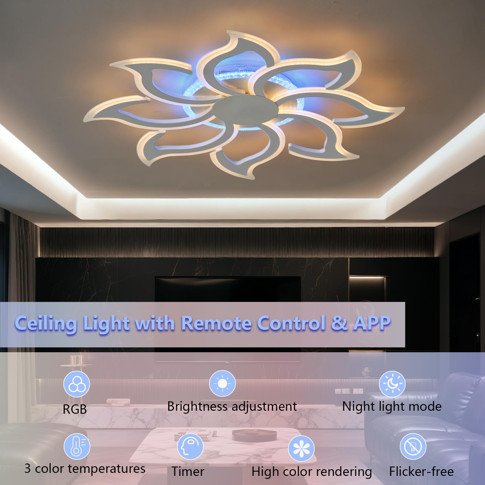 Lampara Techo RGB Luces de Techo con Flores Mando a Distancia APP Temporizador Brillo Ajustable 3 Temperaturas de Luz Nocturna y Función Memoria para Dormitorios, Blanco