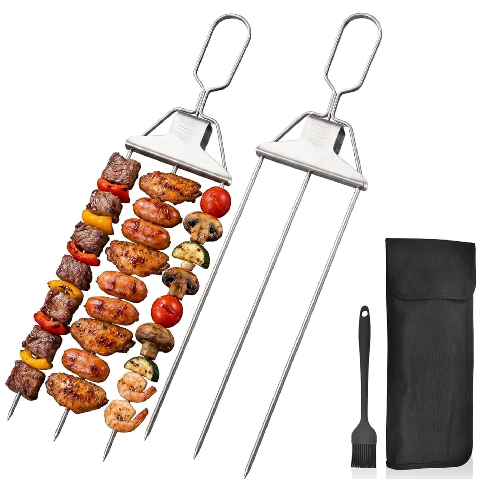 Brochettes de barbecue en acier inoxydable à 3 branches avec poussoir et sac, lot de 2 pcs