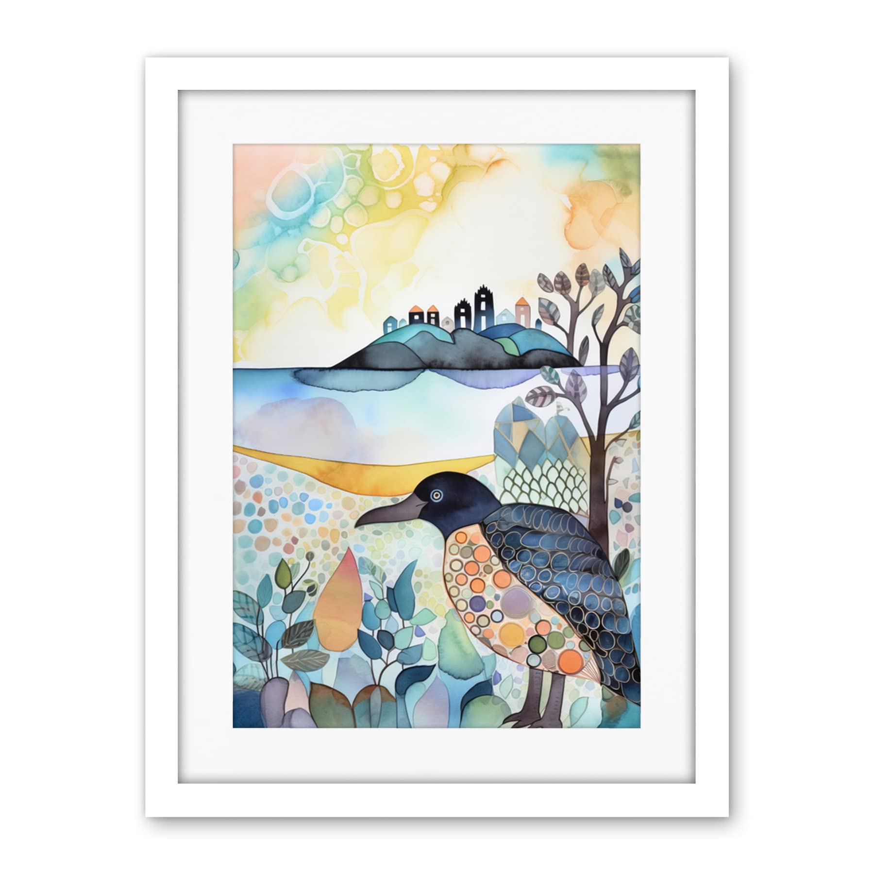 Artery8 Coastal Island Wildlife Folk Art Watercolour Painting Artwork Framed Wall Art Print 18X24 Inch