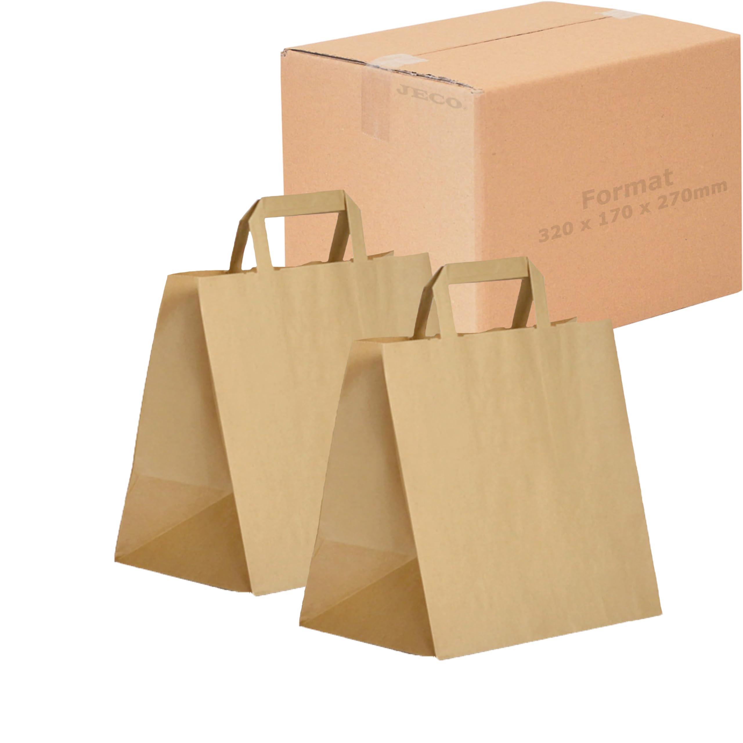 Jeco - Lot de 25 sacs cabas en papier kraft brun avec poignée plate 32 x 17 x 27 cm 14 Litres résistant papier 80g/m² sac marron havane vente à emporter emballage commerce sac cadeau