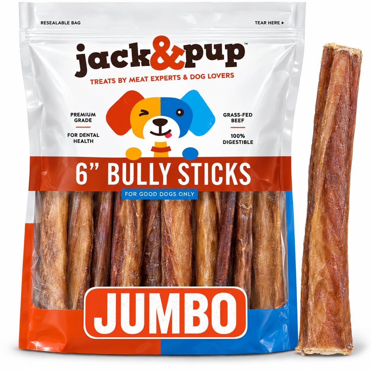 Jack&Pup Bully Sticks for Dogs 6 Inch (6 Ct) Bully Sticks for Medium Dogs