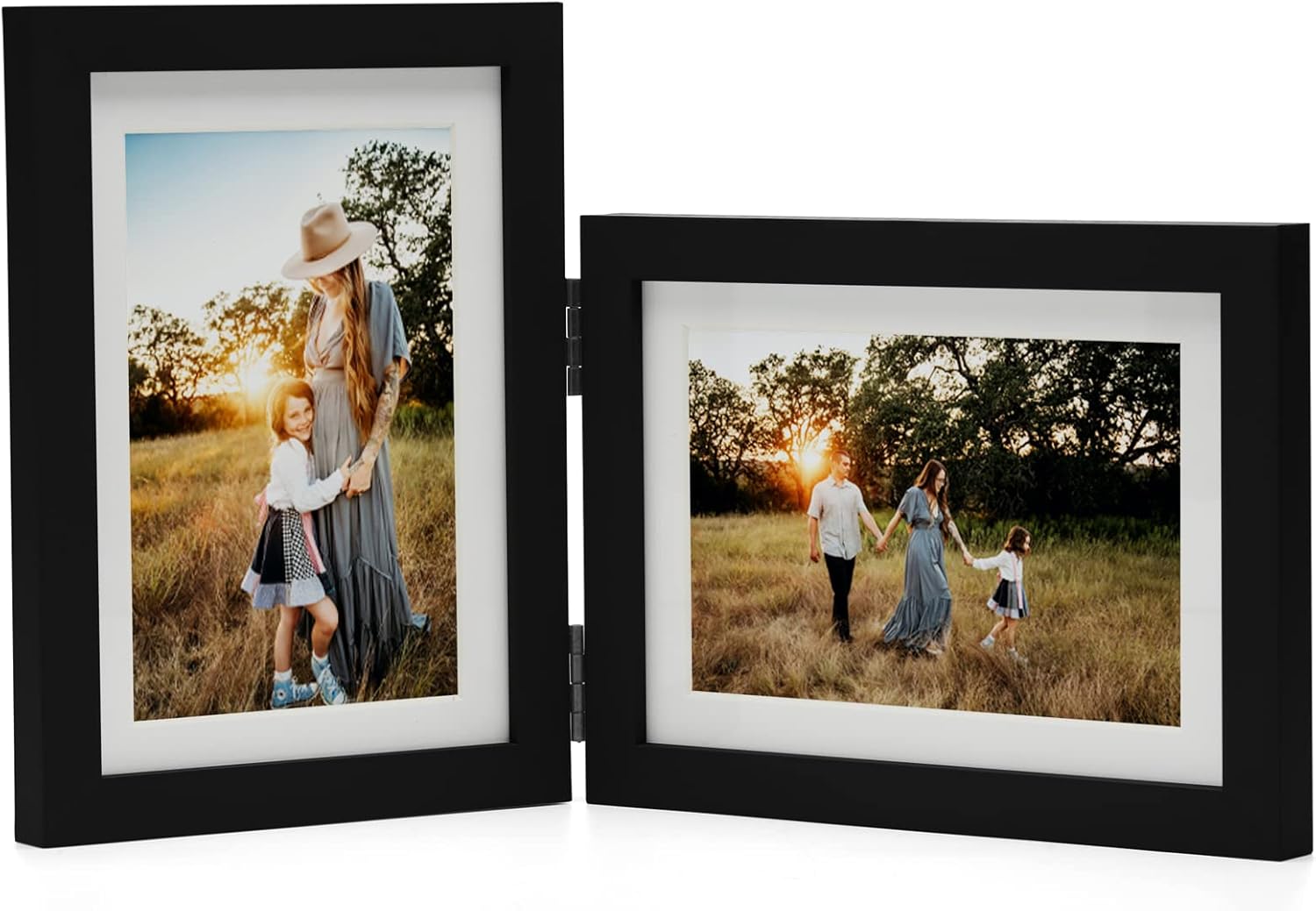 Double Vertical & Horizontal Picture Frames Hinged Folding Photo Frames Poster Frames in Black Made of Pine Wood with Real Glass for Wall Hanging or Tabletop Standing, Display Pictures 4x6