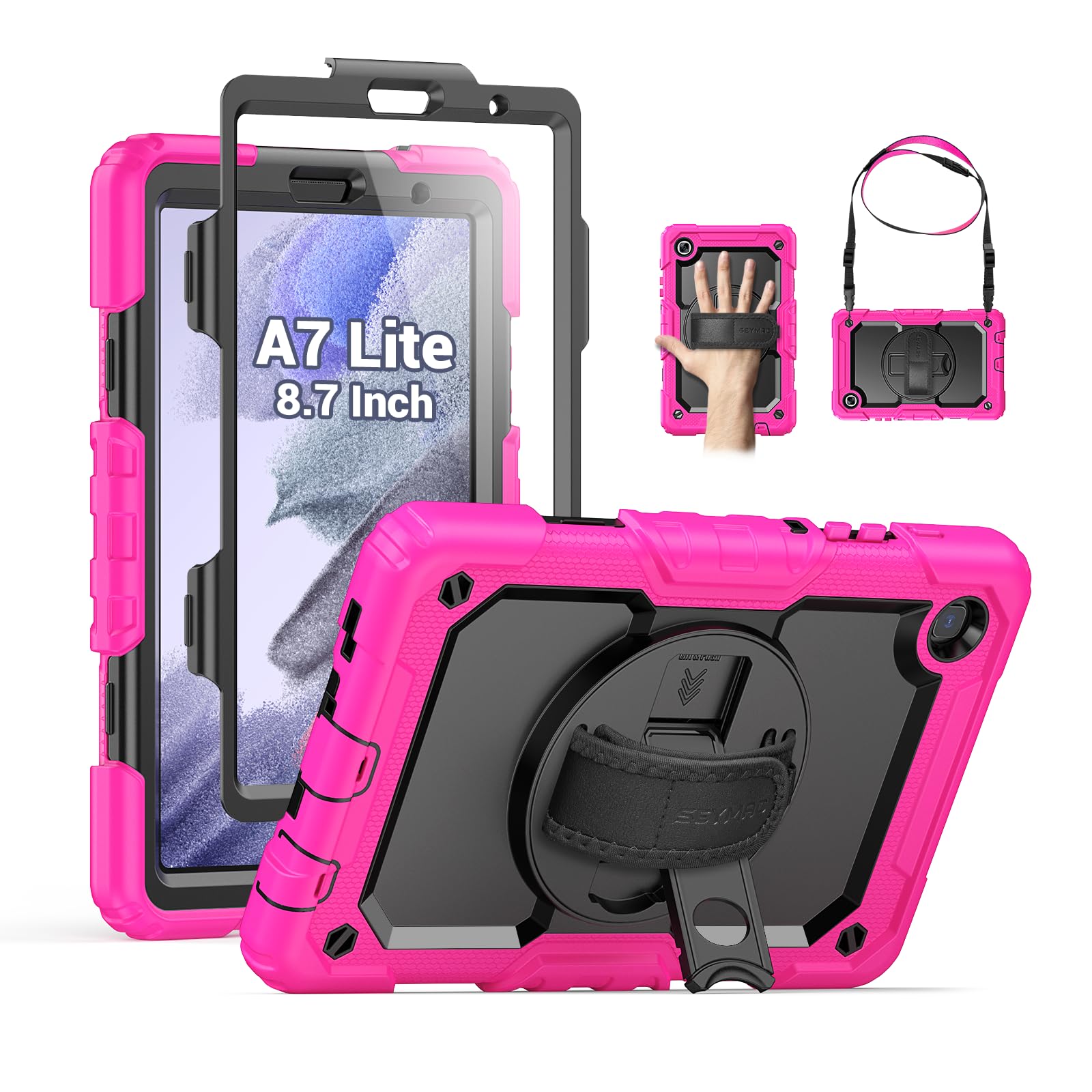 SEYMAC Case for Samsung Galaxy Tab A7 Lite 8.7" (SM-T220/ T225/ T227), Heavy Duty Full-Body Shockproof Protective Case with Screen Protector, Rotating Stand, Hand/Shoulder Strap, Pink