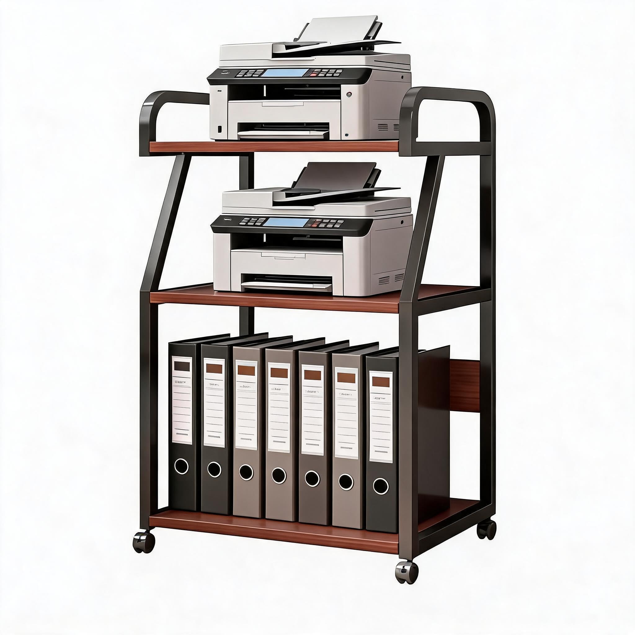 Druckerständer, Druckertisch mit Rollen, Druckerschrank,3-stöckiger Metall Druckerwagen, Kopierer Ständer,Druckerregal für Büro, Zuhause, Schule und Arbeitszimmer,55 * 40 * 99cm(Holzfarbe)