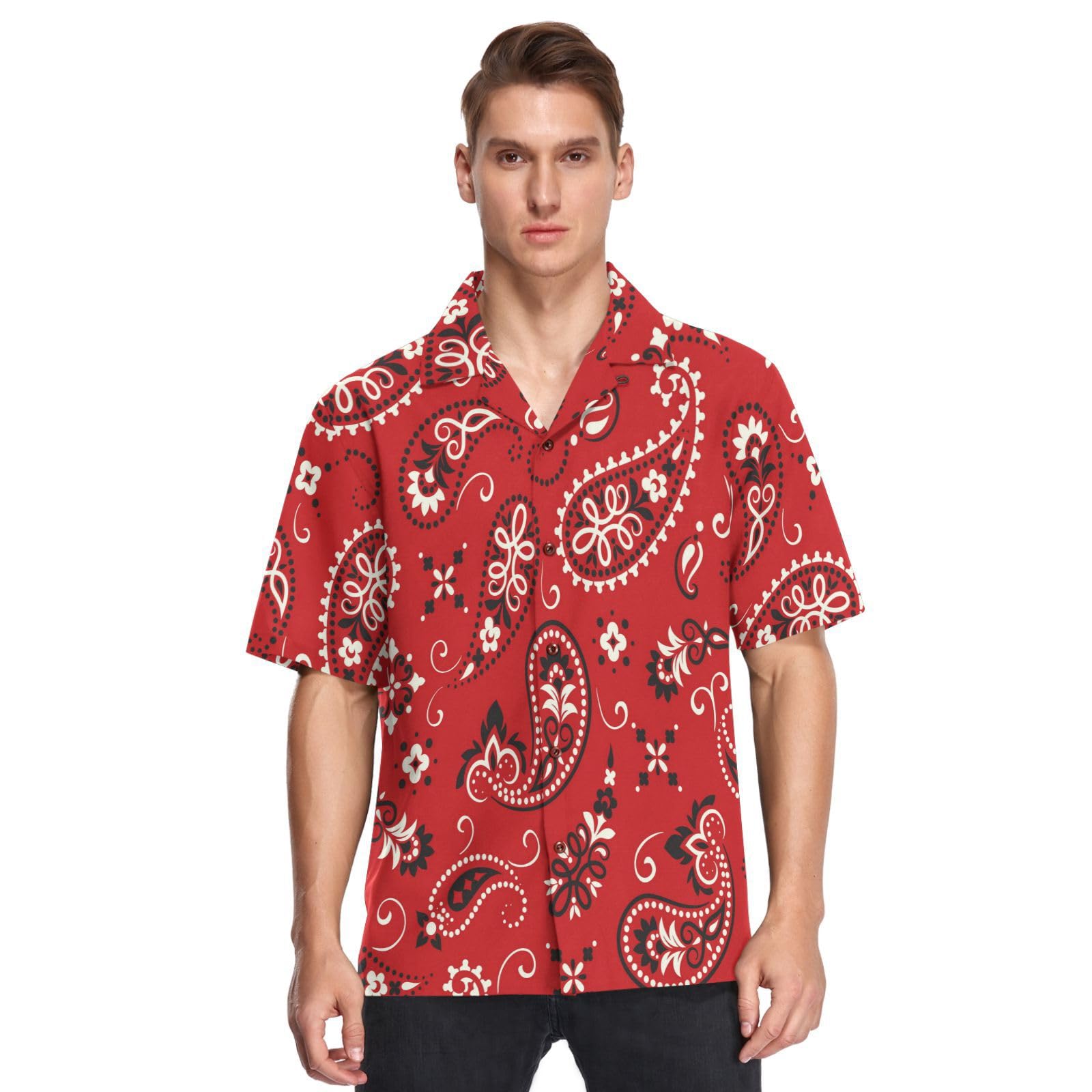 open lace back dress Patchwork Paisley Short Sleeve Button Shirt in Red  Sure Design
