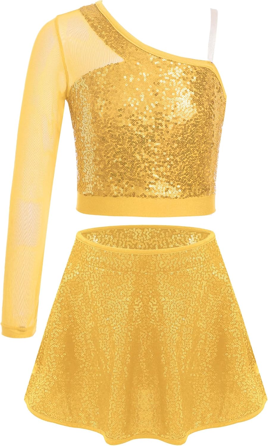 Kids Girls Dance Performance Outfits Sequins One Shoulder Dance Tops with Metallic Skirt Cheerleading Dancewear