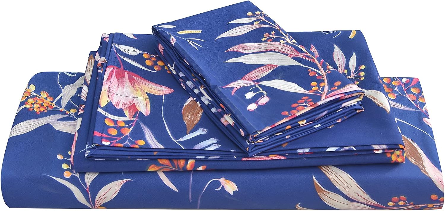JSD Navy Floral Sheet Set King Size, 4 Piece Soft Printed