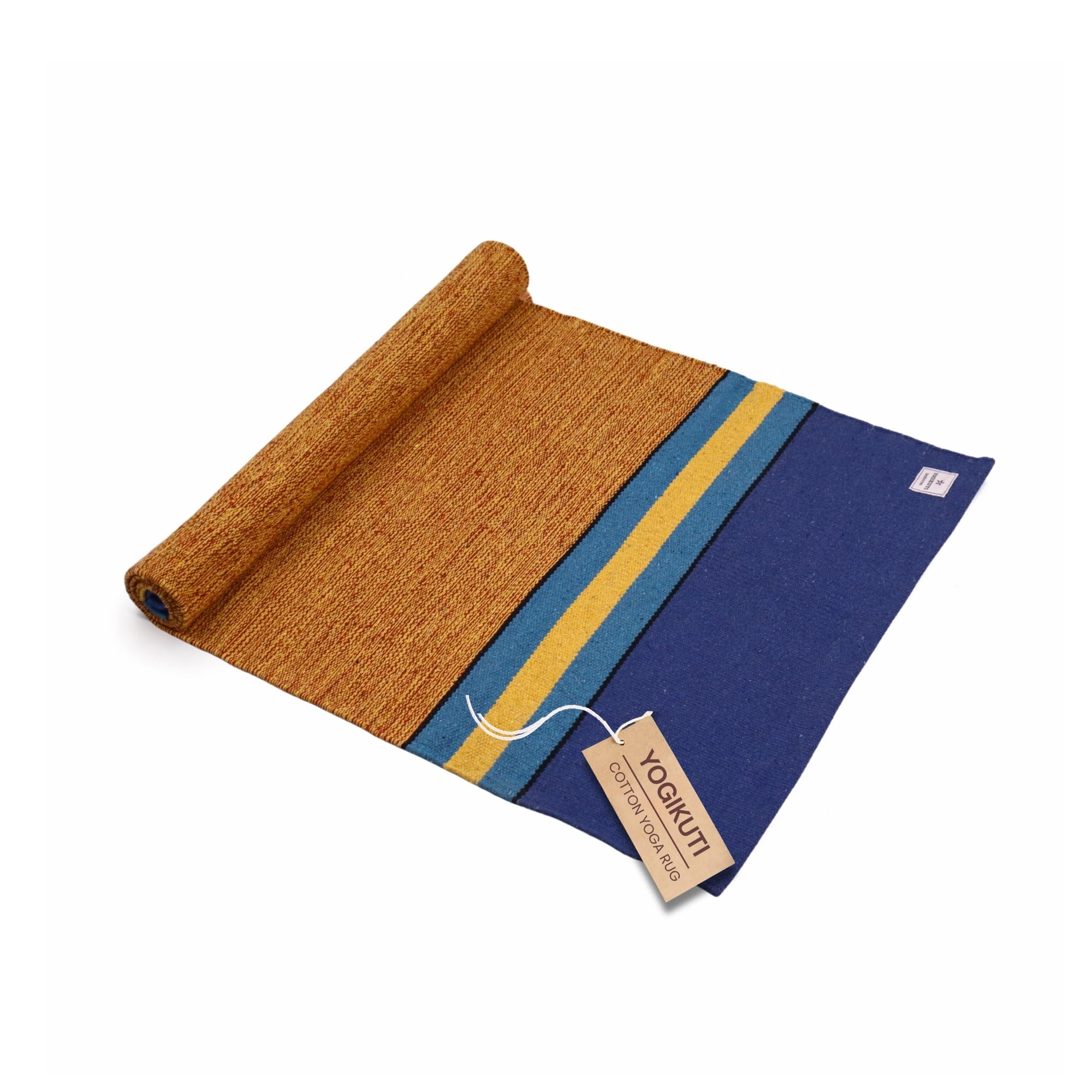 Yogikuti 100% Cotton Yoga Rug/Natural Woven Yoga Mat/Breathable Non-Slip Yoga Carpet for Ashtanga, Iyengar & Meditation Practice/Foldable & Eco-Friendly Yoga Mat (Yellow with Blue)
