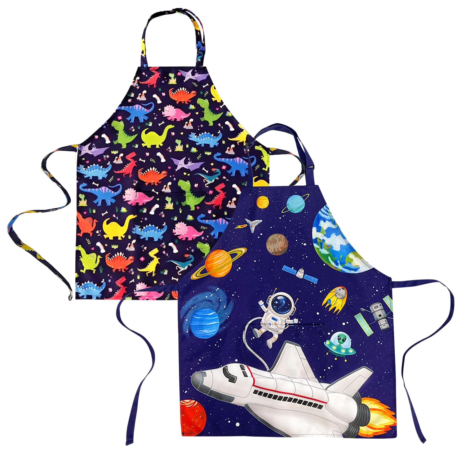 DECOWALL APS-202 Kids Apron 2 Pack  Dinosaurs, Space Planets for Boys Girls Children Chef Kitchen Aprons with Pocket Cooking Baking Painting Crafting Art Gardening Adjustable Strap Gift Little Helper