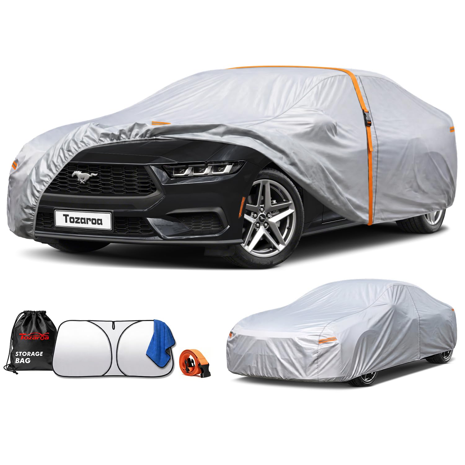Tozaroa Car Cover Waterproof All-Weather,Heavy-Duty Outdoor Full Exterior Automobiles Sedan/Coupe (Length 186-193 inch) with Windshield Sun Shade Universal Fit Ford Mustang,Chevy Camaro/Corvette etc