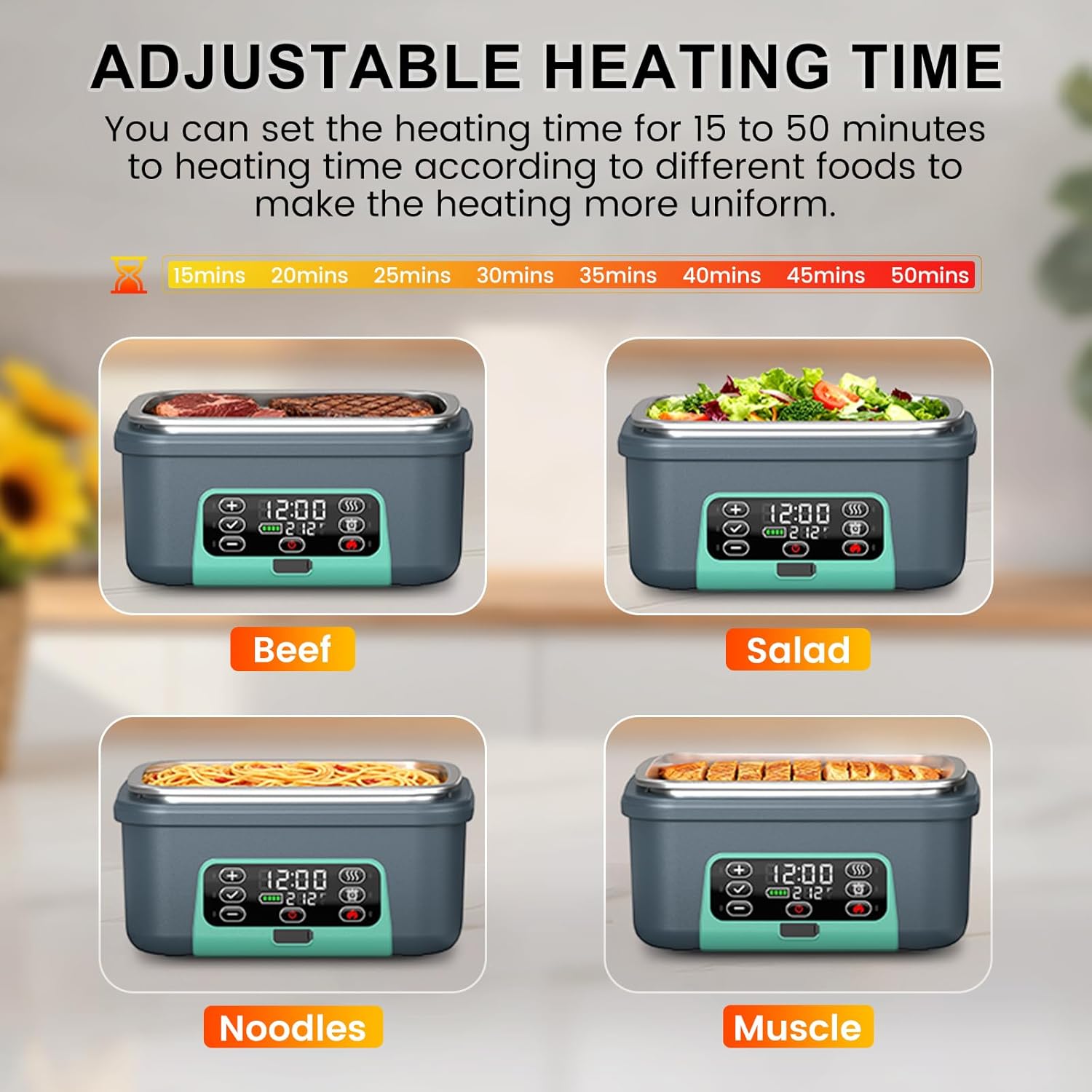Cordless Electric Heated Lunch Box, XL 6.3Cups 20000mAh Rechargeable Food Warmer Lunch Box with Self Heating, Smart Timer, Adjustable Temperature, Leakproof, BPA Free, Removable Tray Divider - Image 8