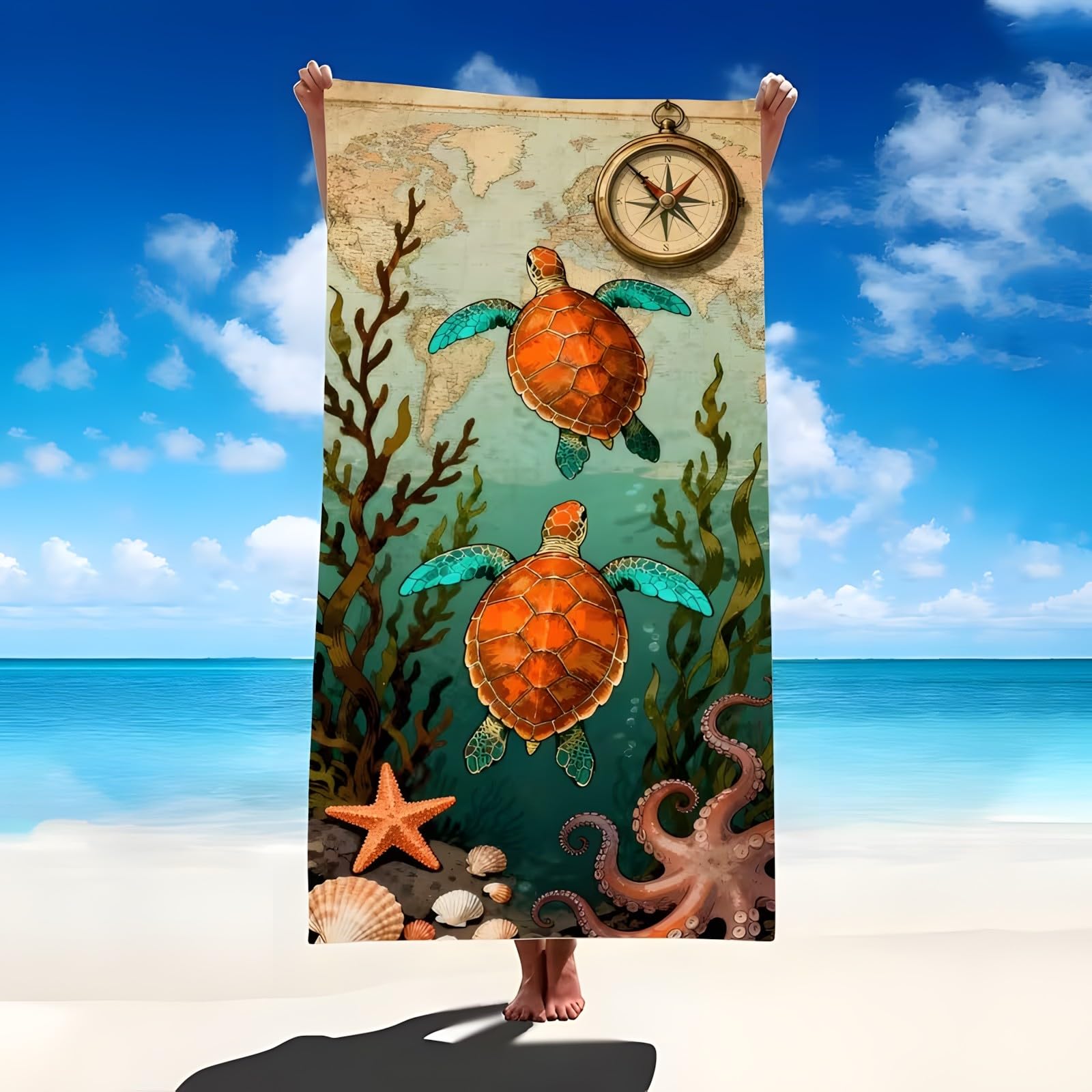 YZQGLHP Starfish Microfibre Beach Towel Octopus Beach Bath Towel Quick Drying, Lightweight, Sand-Free, Durable, for Pool, Gym, Camping, Travel Towel 70x130cm