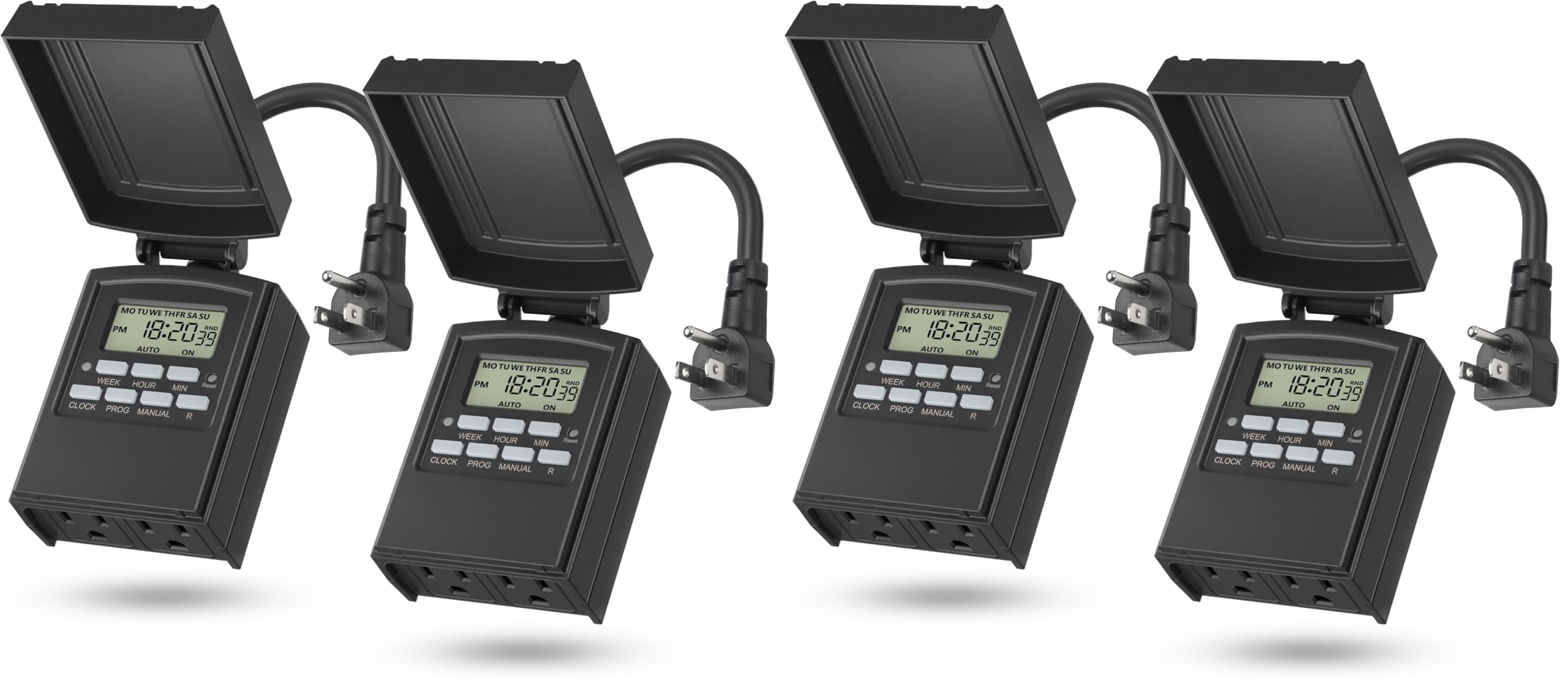 BN-LINK 7 Day Outdoor Heavy Duty Digital Programmable Timer, Outdoor Timer Outlet Waterproof, 2 Grounded Electrical Outlets for Christmas Lights, 15A 1/2HP,ETL Listed（4 Pack）
