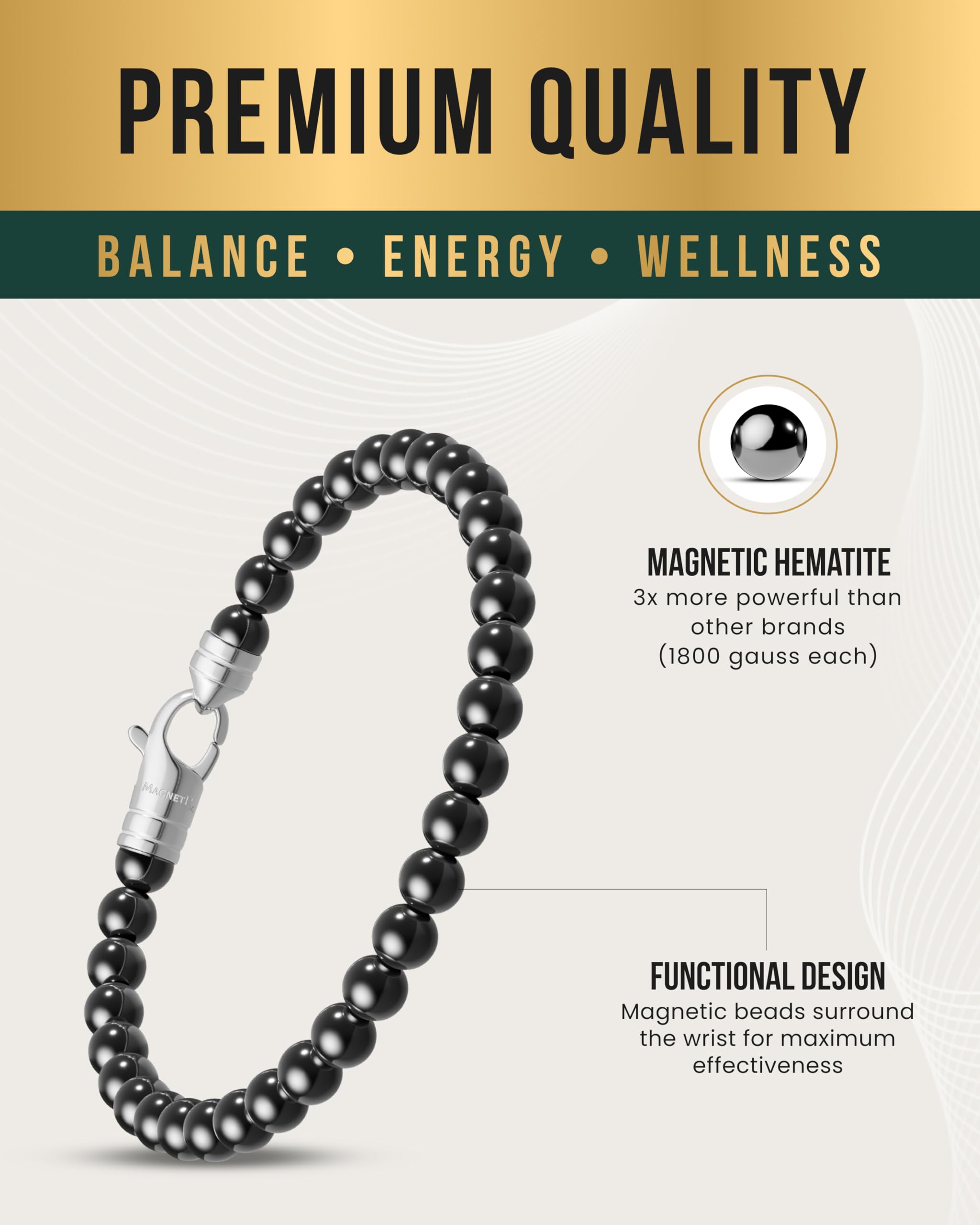 MagnetRX Bracelet Magnétique en Hématite, Force Maximale, Bracelet de Perles Magnétiques pour Homme et Femme, Style Classique Petit