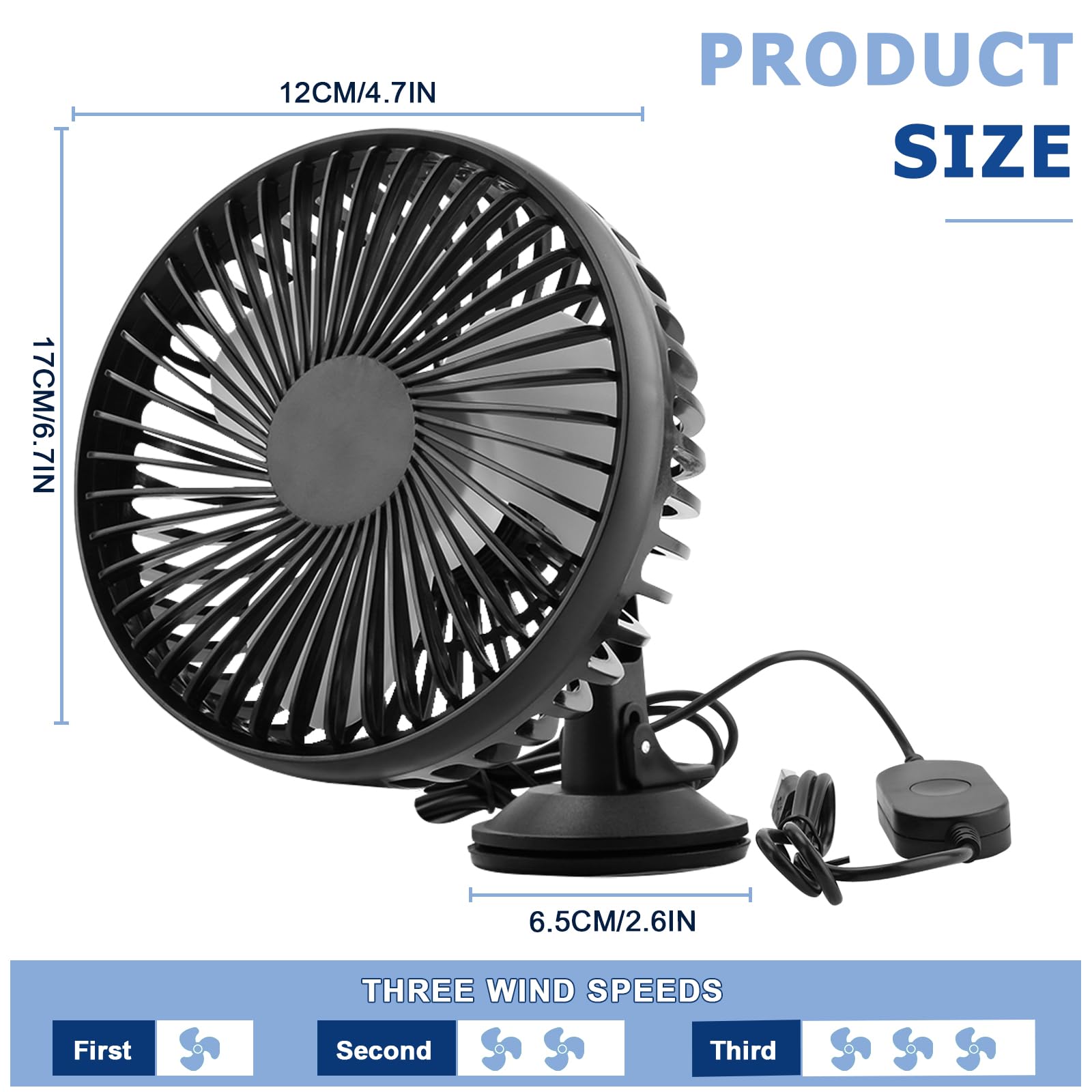 Ventilateur de voiture 12 V/24 V USB, rotation à 360 °, avec ventouse puissante, pour tableau de bord et pare-brise, 3 vitesses, ventilateur silencieux avec moteur en cuivre pur pour voiture, camion