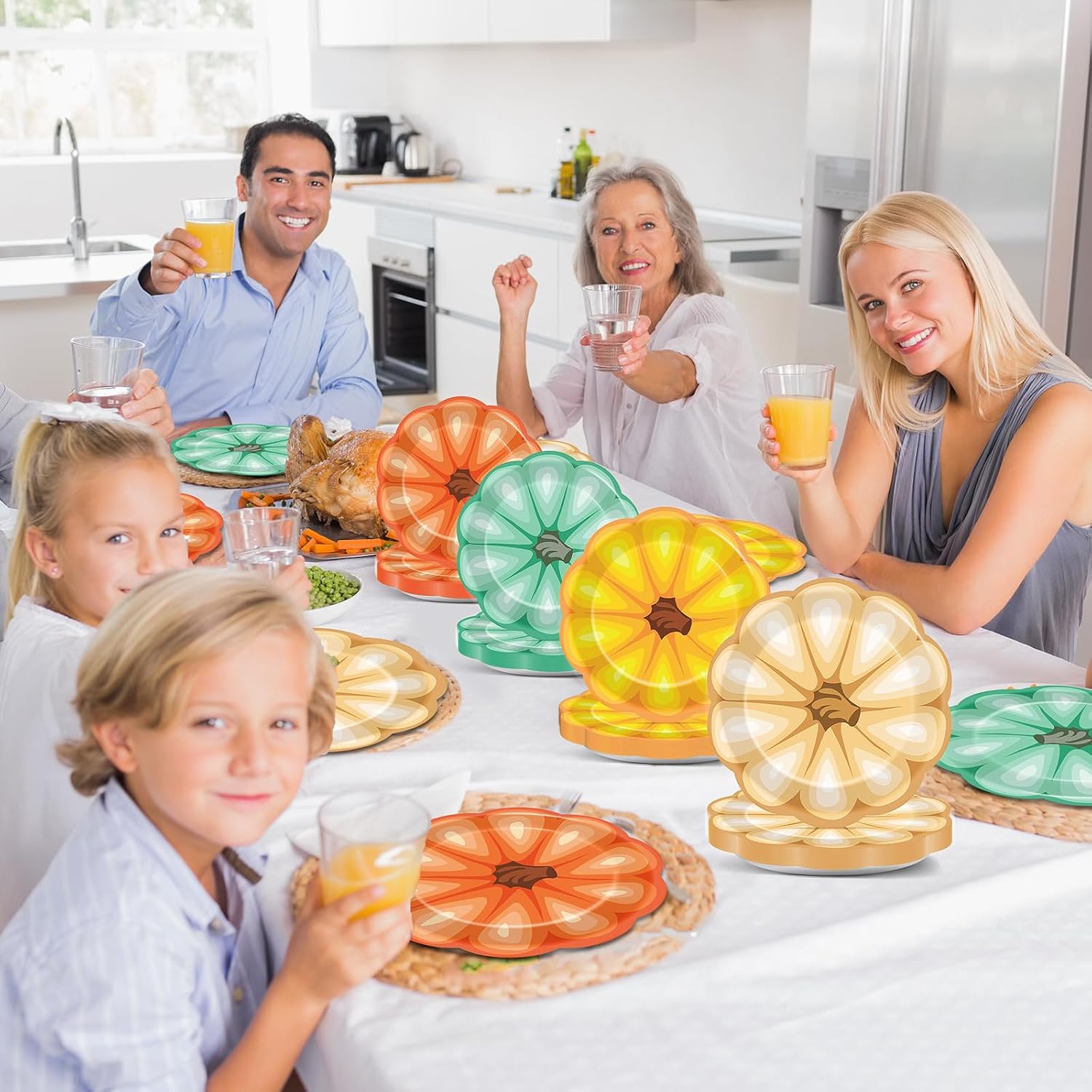OBUSATT Thanksgiving Paper Plates Set - 100pcs Fall Pumpkin Shaped Colorful Disposable Party Tableware Set - Autumn Harvest Party Favors & Decor