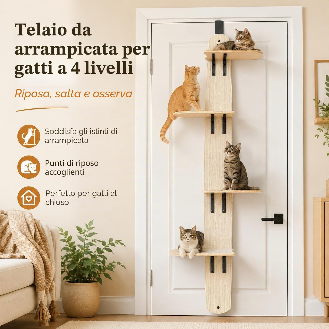 Tiragraffi da porta a 4 livelli, per gatti, salvaspazio, per porte di spessore 40/45 mm e spazio per porte > 3 mm, per famiglie, negozi di animali e gatti