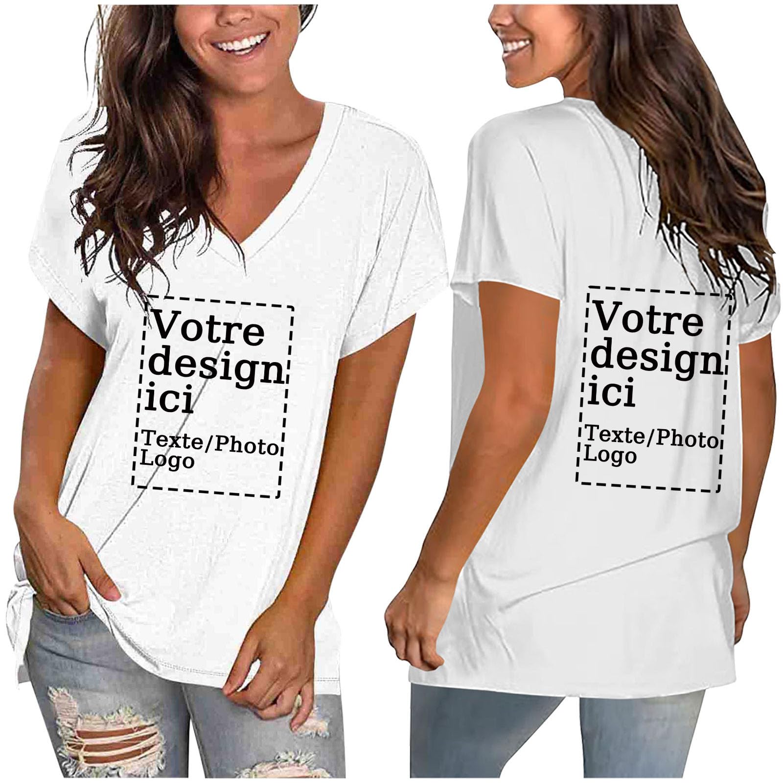 Women's Customisable Tee Shirt Double Sided with Image, Text and Logo - Loose T Shirt Customized, Design Your Own T-Shirt V Neck Short Sleeve Top Women Summer