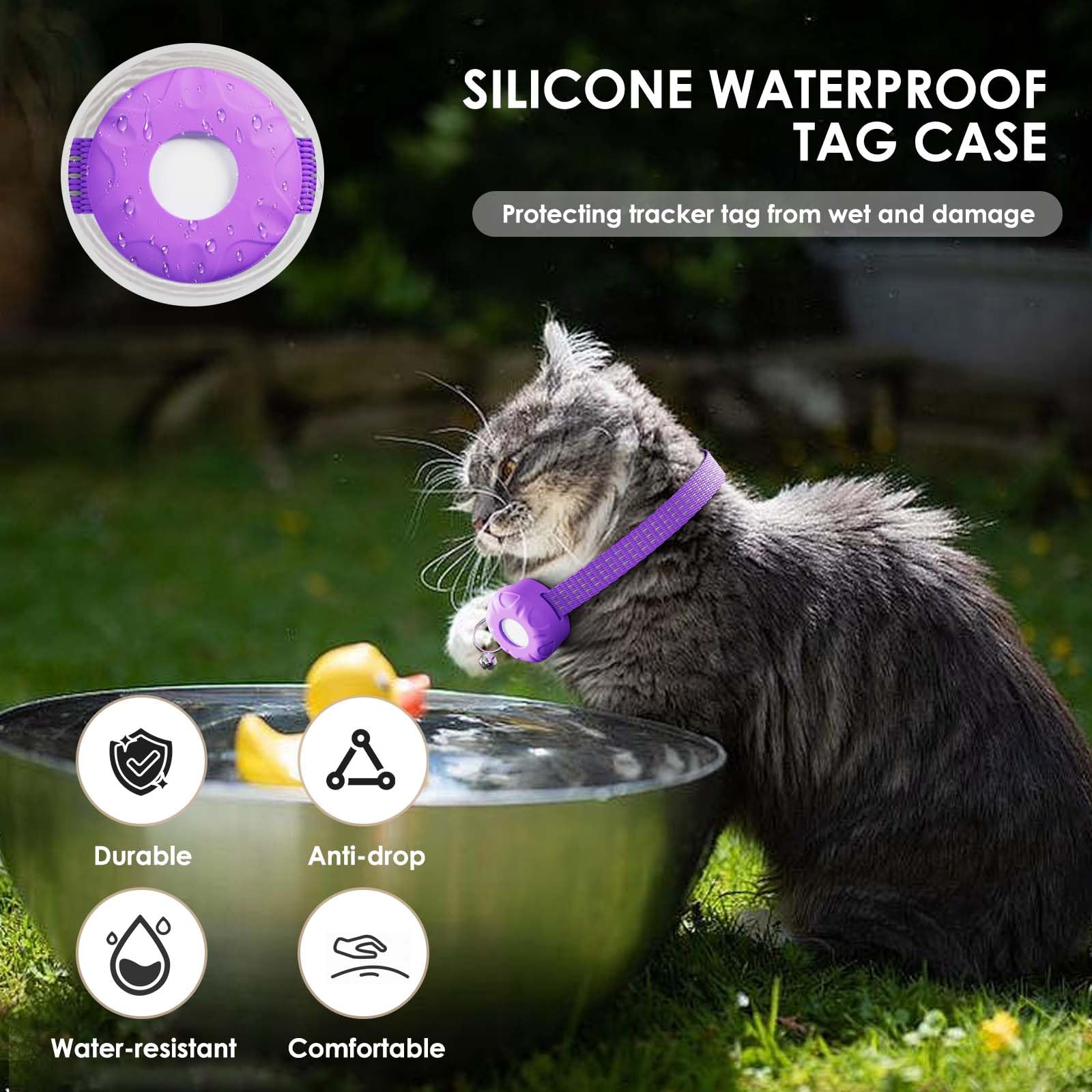 Rastreador GPS para gatos, compatible con Apple Find My App (solo iOS), rastreador de gatos sin tarifa mensual, impermeable (rastreador blanco, collar de gato morado)
