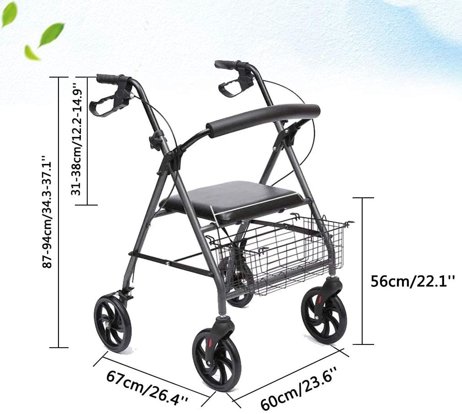 Rollator Walker Lekki, składany chodzik na 4 kołach z wyściełanym siedziskiem, podparciem pleców, ergonomicznymi uchwytami z koszem siedziska dla osób starszych z regulowaną wysokością, kolor czarny