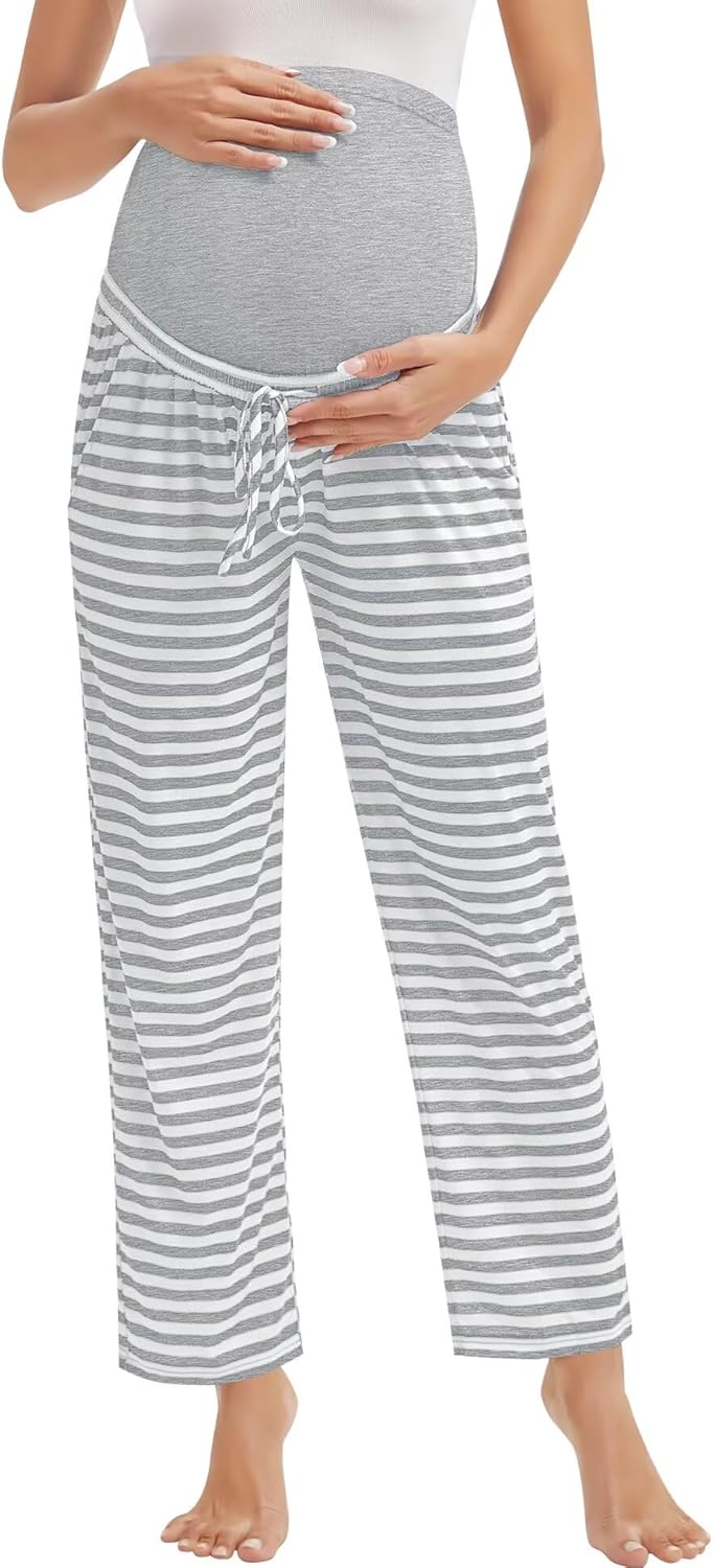 SWOMOG Women's Maternity Pajama Pants Over The Belly Pregnancy Pants Stretchy Lounge Wide Leg Trousers with Pockets - Image 6